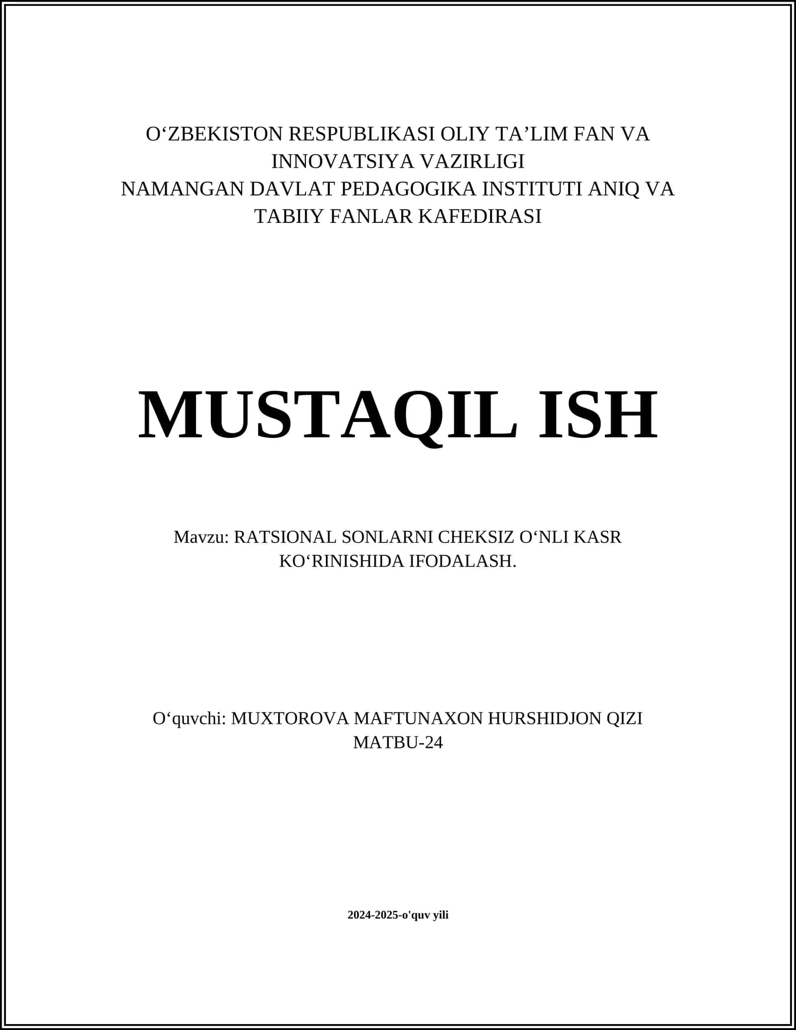 RATSIONAL SONLARNI CHEKSIZ OʻNLI KASR KOʻRINISHIDA IFODALASH