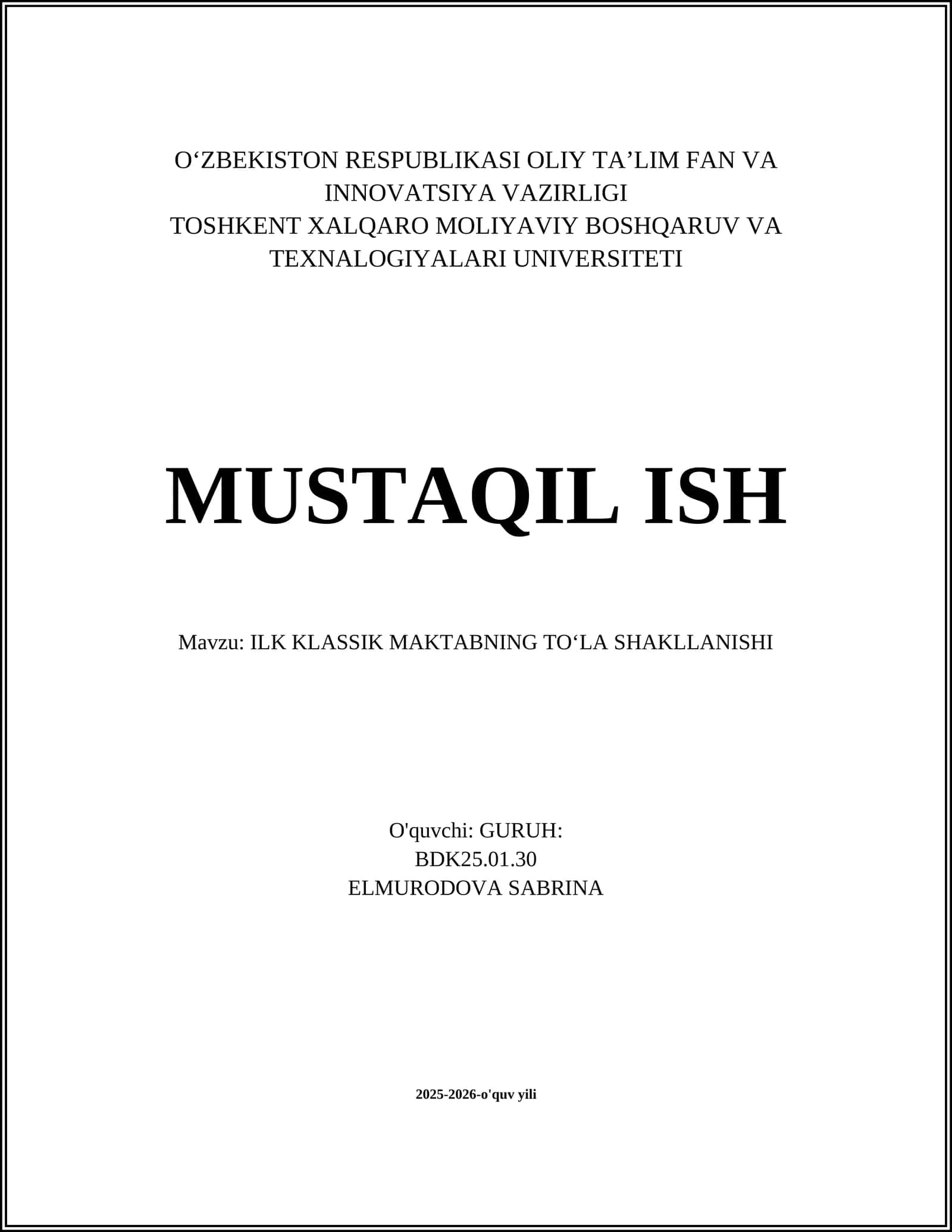 ILK KLASSIK MAKTABNING TO‘LA SHAKLLANISHI