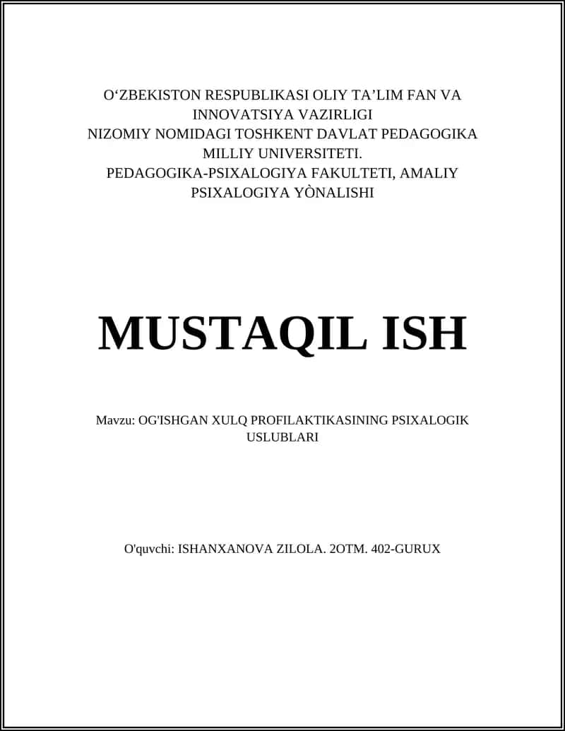 OG'ISHGAN XULQ PROFILAKTIKASINING PSIXALOGIK USLUBLARI