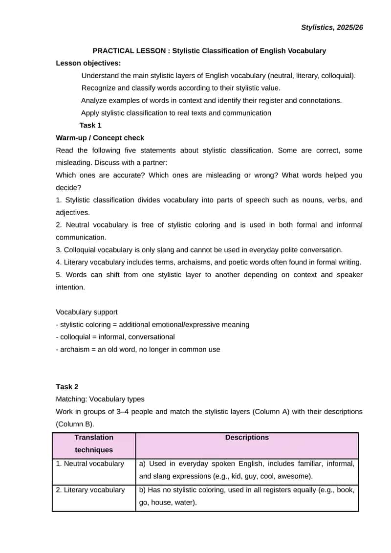 PRACTICAL LESSON: Stylistic Classification of English Vocabulary