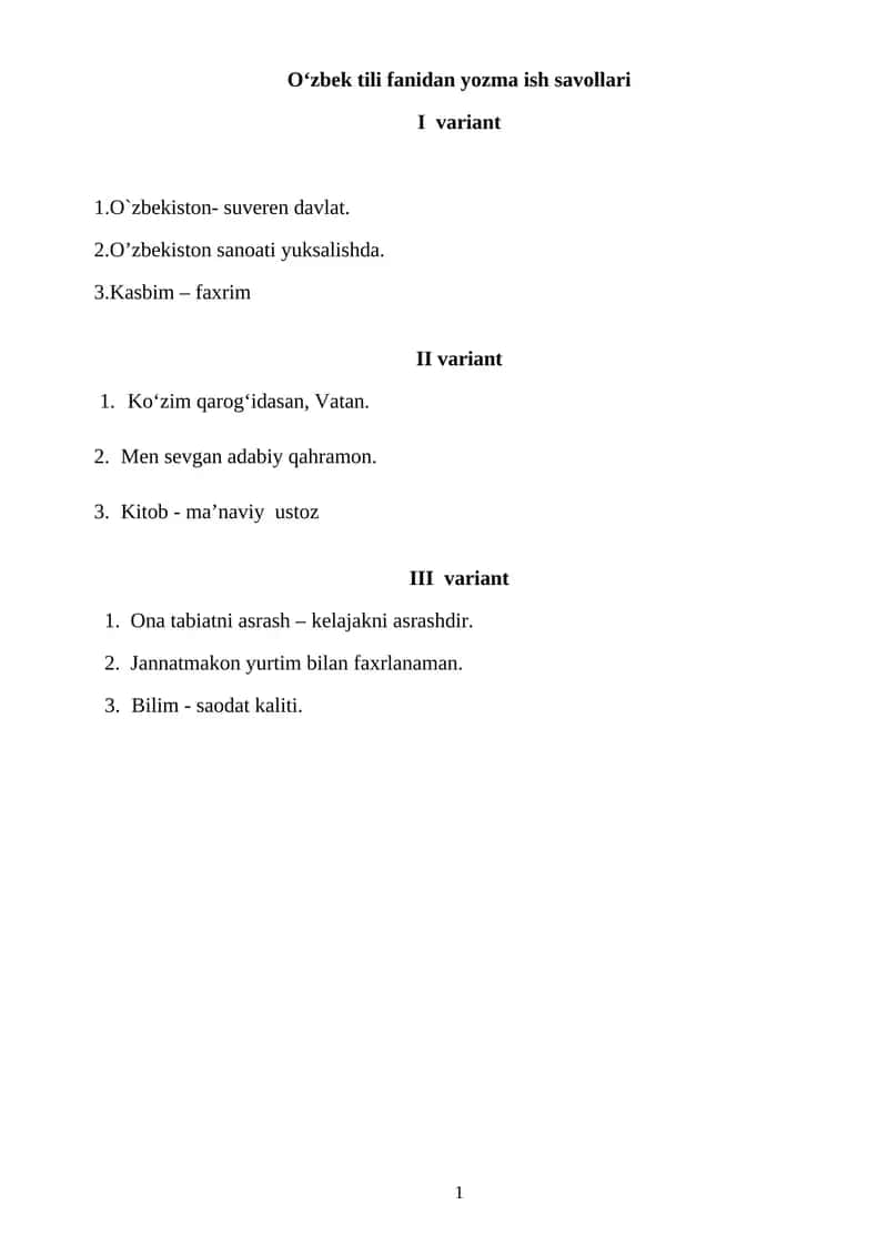 O‘zbek tili fanidan yozma ish savollari
