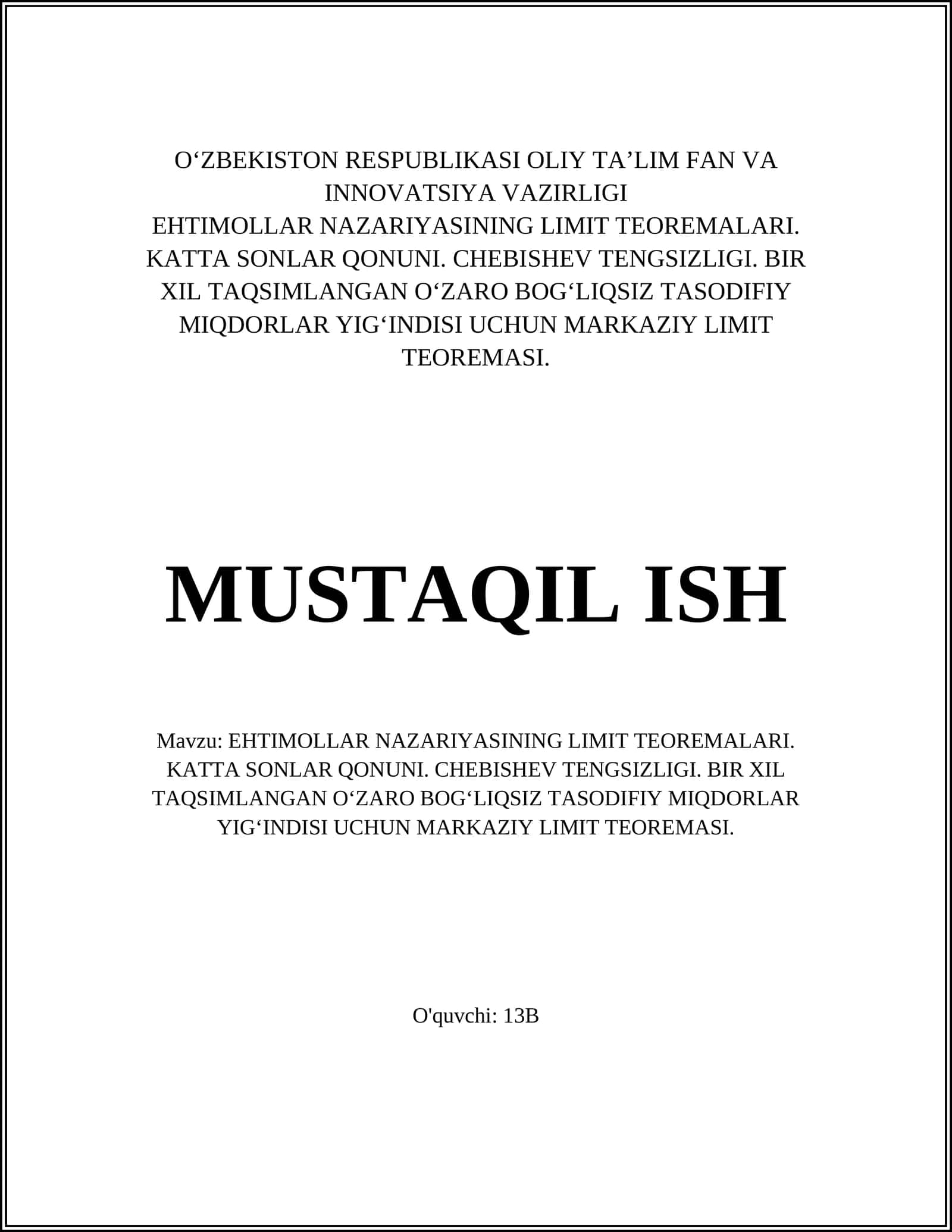 EHTIMOLLAR NAZARIYASINING LIMIT TEOREMALARI