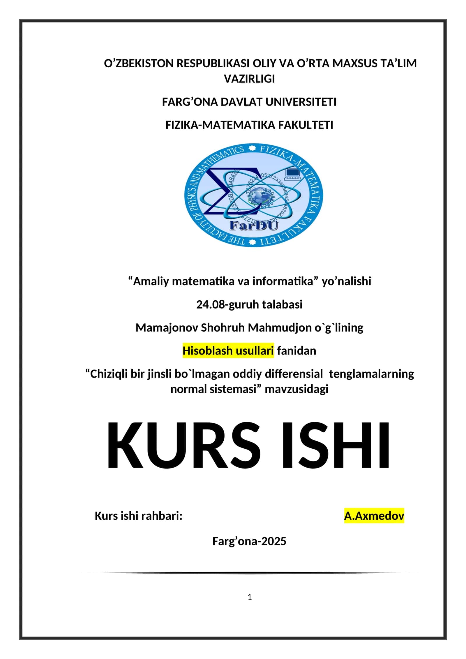 Chiziqli bir jinsli bo`lmagan oddiy differensial tenglamalarning normal sistemasi”