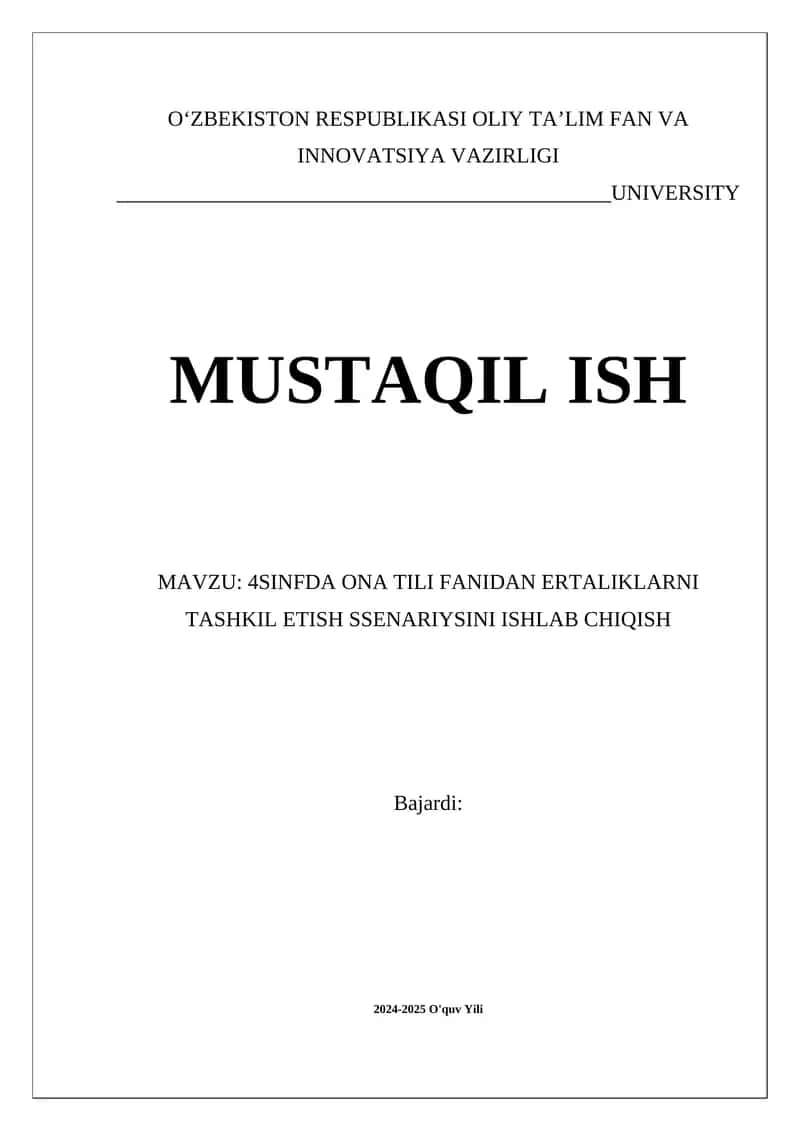 4SINFDA ONA TILI FANIDAN ERTALIKLARNI TASHKIL ETISH SSENARIYSINI ISHLAB CHIQISH