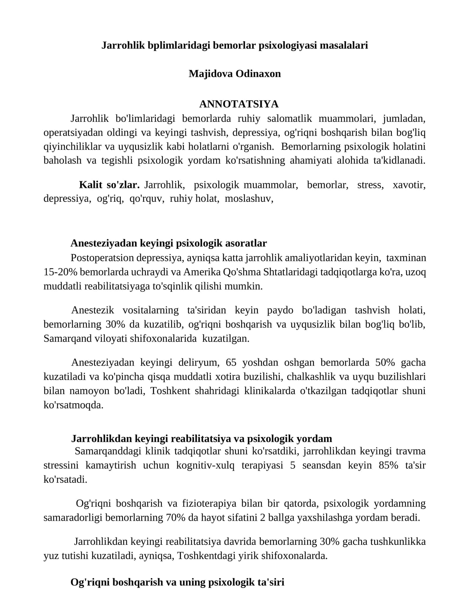 Jarrohlik bplimlaridagi bemorlar psixologiyasi masalalari