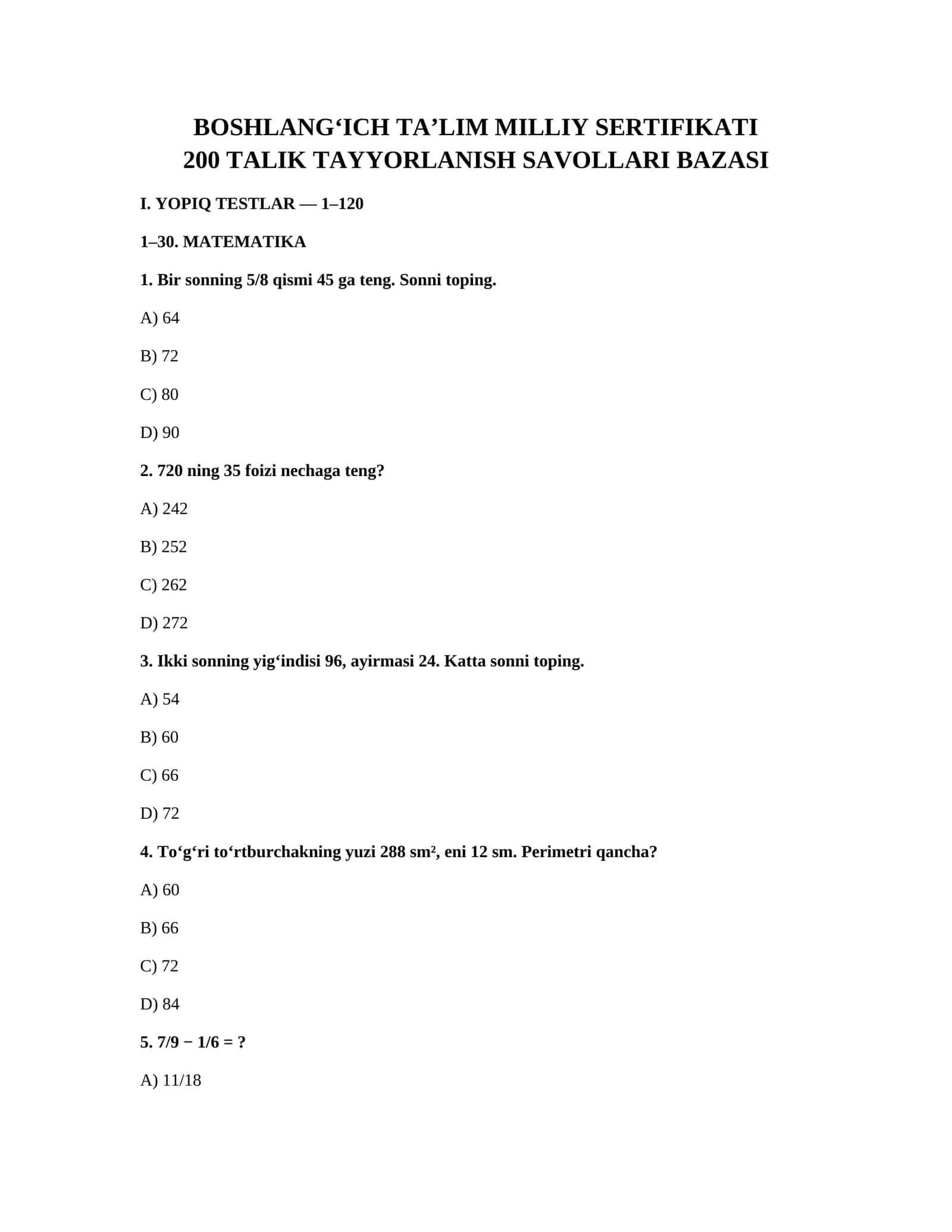 BOSHLANGICH TALIM MILLIY SERTIFIKAT (200 Talik Tayyorlanish Savollari Bazasi)