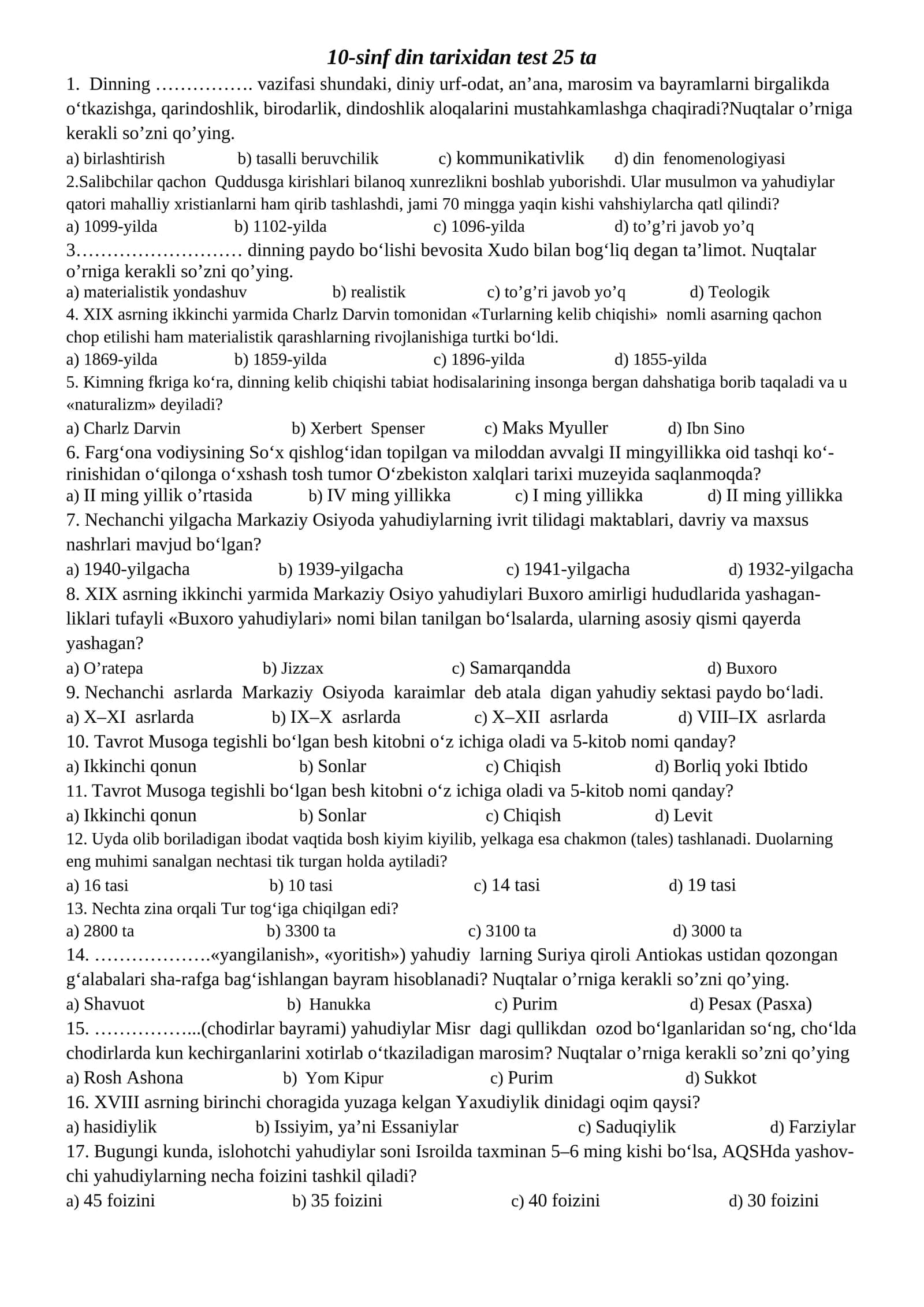 Tarix fanidan Test Savol va Javoblari