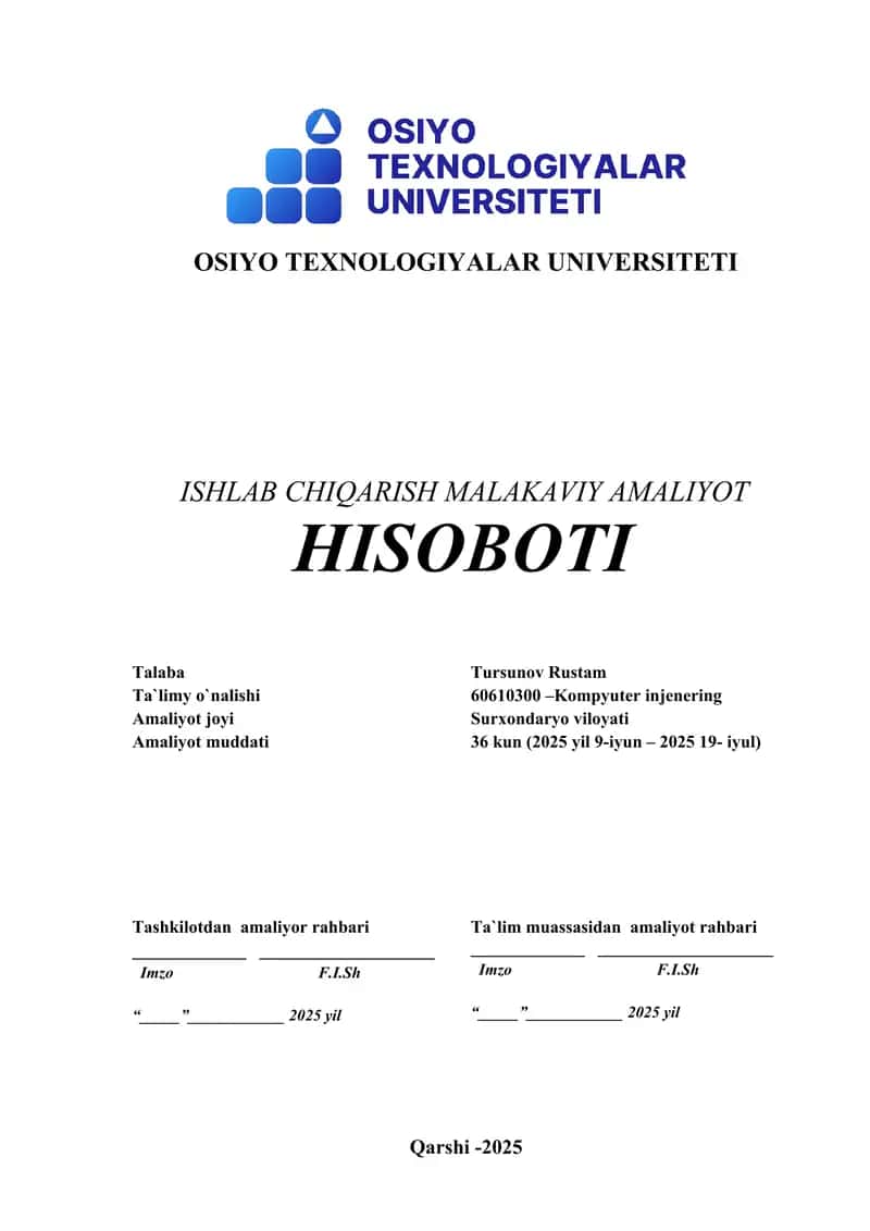 Ishlab chiqarish malakaviy amaliyot hisoboti