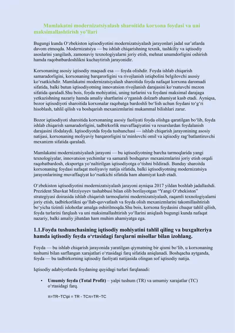 Mamlakatni modernizatsiyalash sharoitida korxona foydasi va uni maksimallashtirish yo’llari