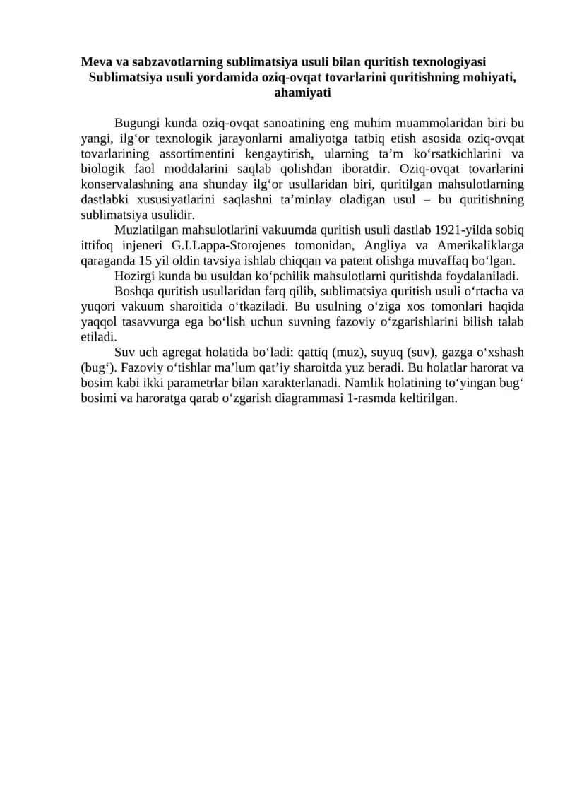 Meva va sabzavotlarning sublimatsiya usuli bilan quritish texnologiyasi