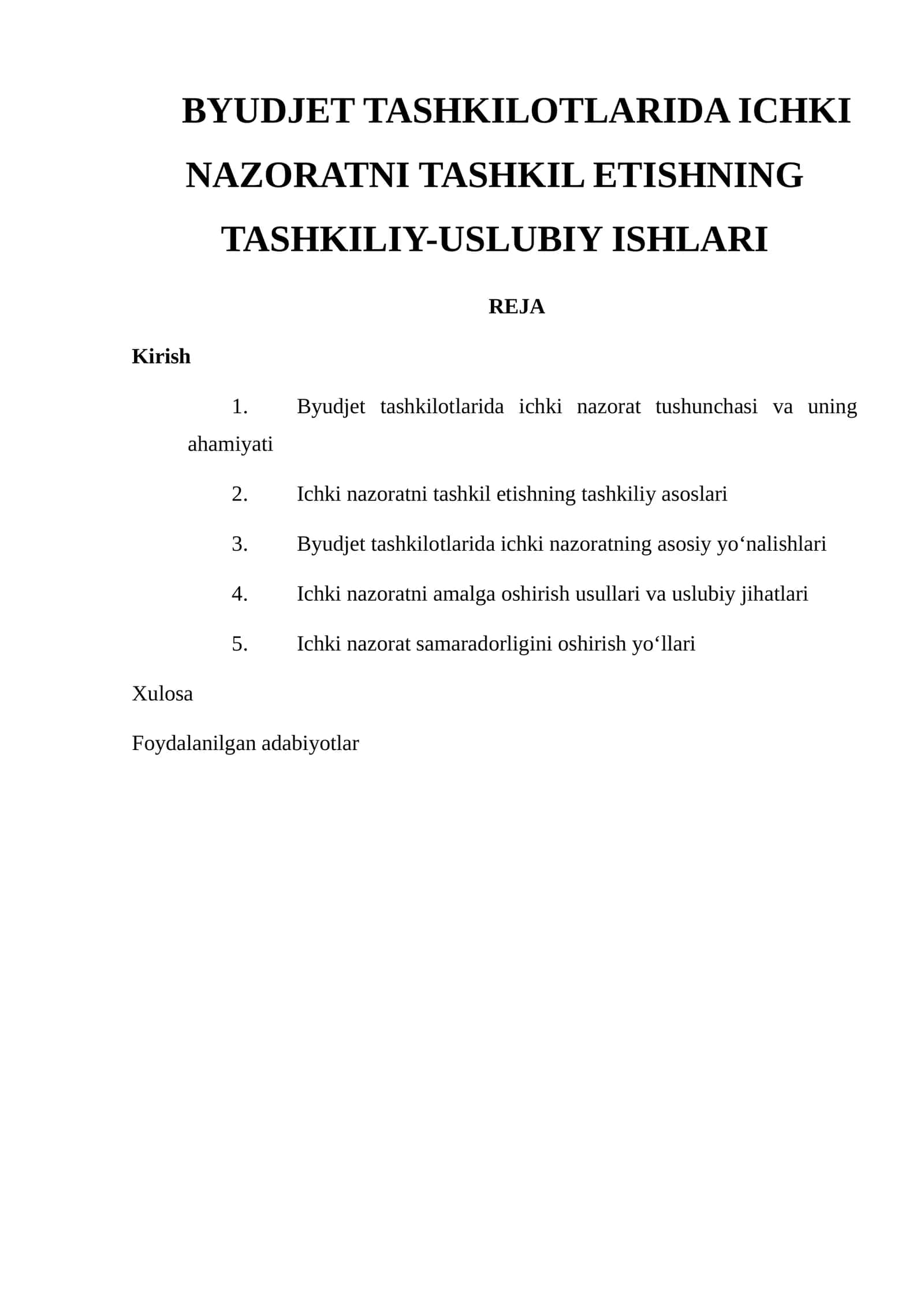 Byudjet Tashkilotlarida IchkI Nazoratni Tashkil Etishning Tashkiliy-Uslubi IsHlari