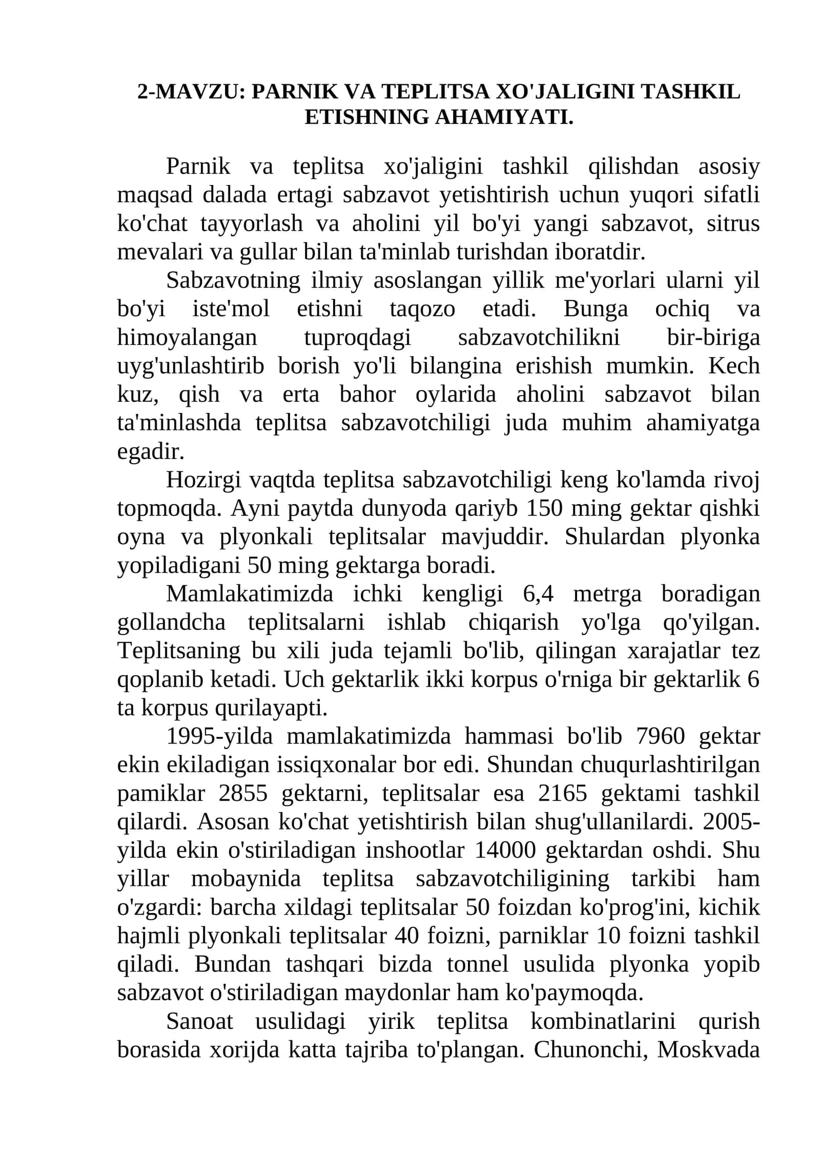 PARNIK VA TEPLITSA XO'JALIGINI TASHKIL ETISHNING AHAMIYATI