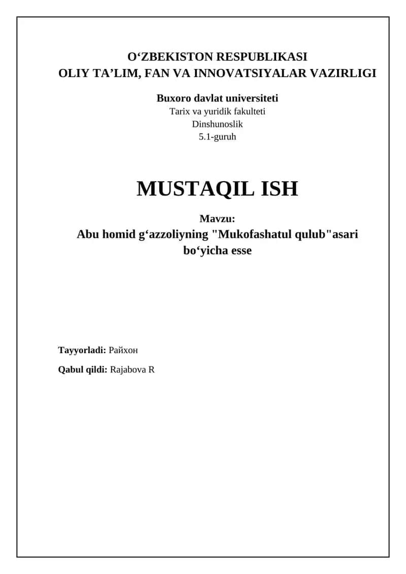 Abu Homid gʻazzoliyning "Mukofashatul qulub" asari boʻyicha esse