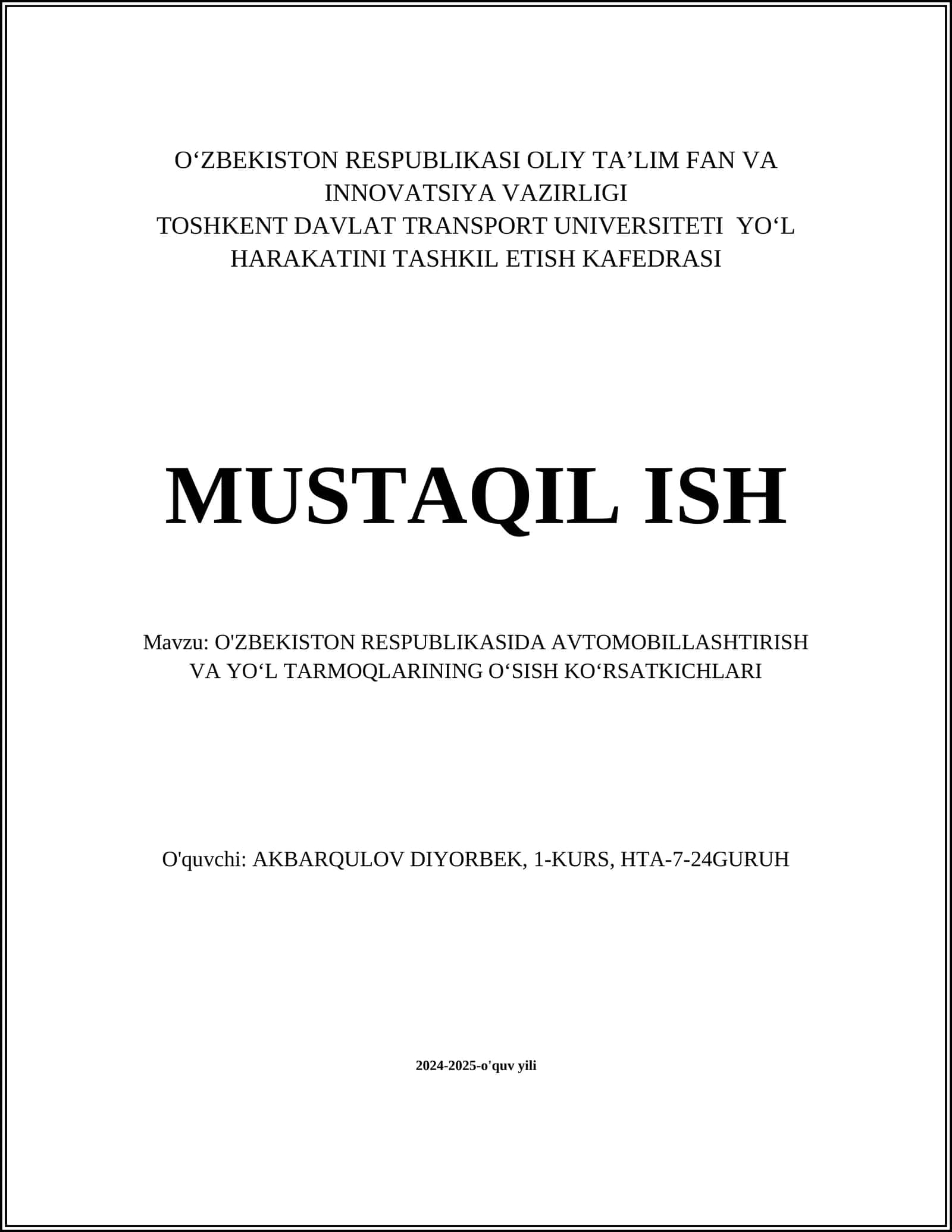 O‘zbekiston Respublikasida Avtomobillashtirish va Yo‘l Tarmoqlarining O‘sish Ko‘rsatkichlari