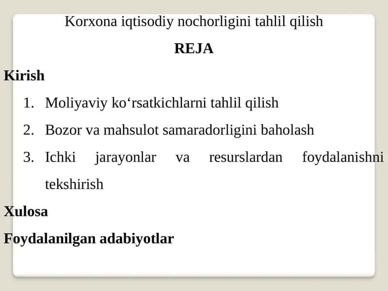 Korxona iqtisodiy nochorligini tahlil qilish