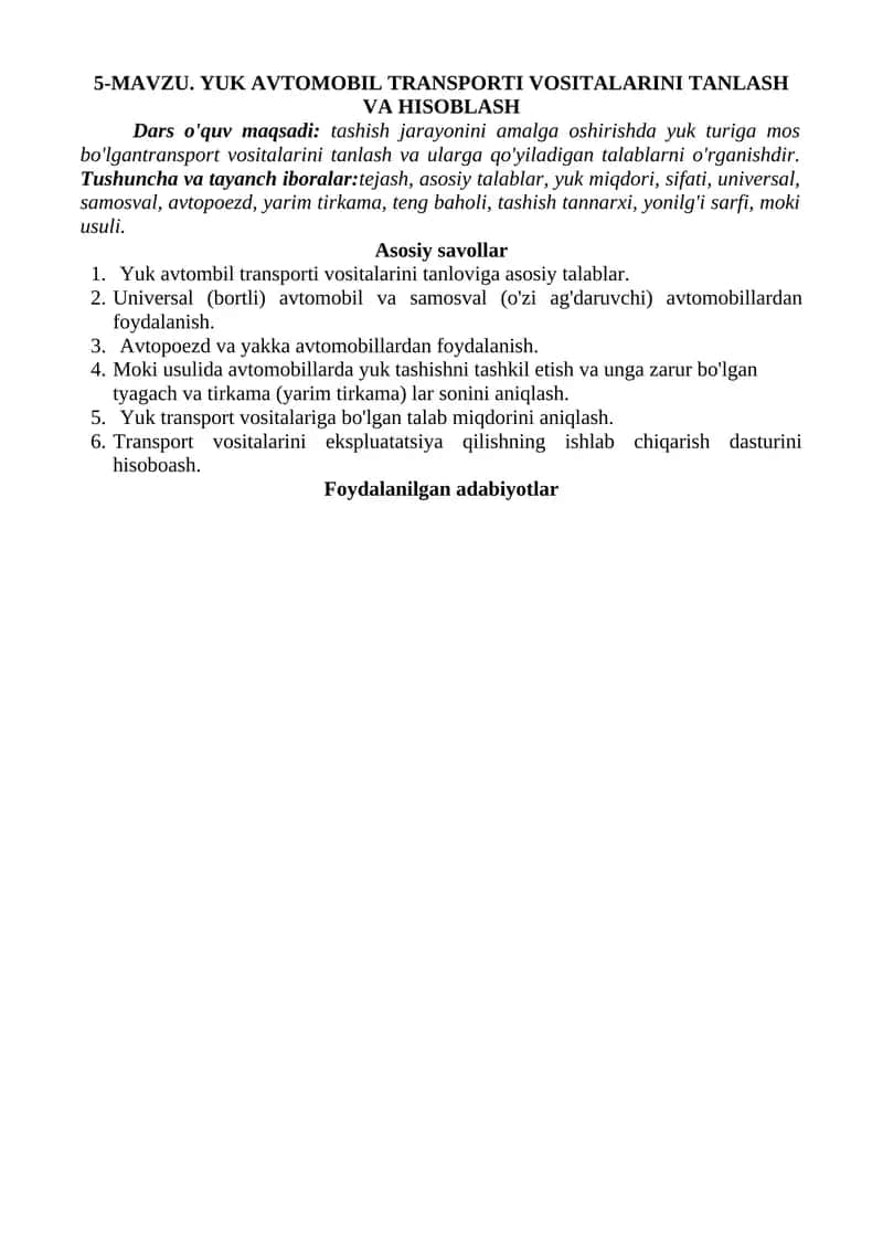 YUK AVTOMOBIL TRANSPORTI VOSITALARINI TANLASH VA HISOBLASH