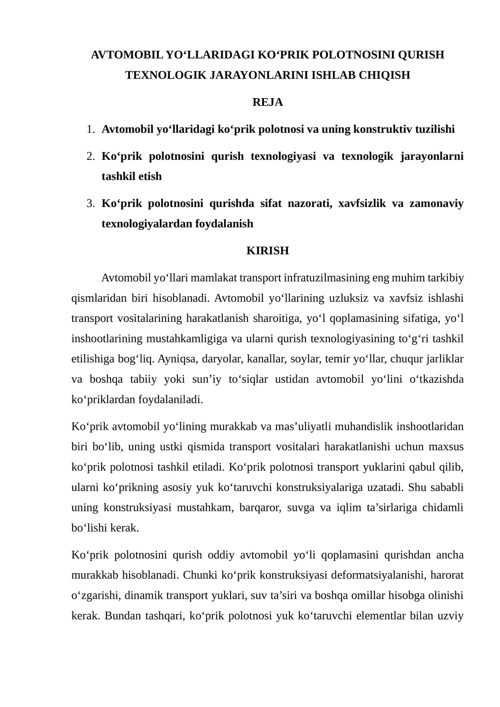AVTOMOBIL YO‘LLARIDAGI KO‘PRIK POLOTNOSINI QURISH TEXNOLOGIK JARAYONLARINI ISHLAB CHIQISH