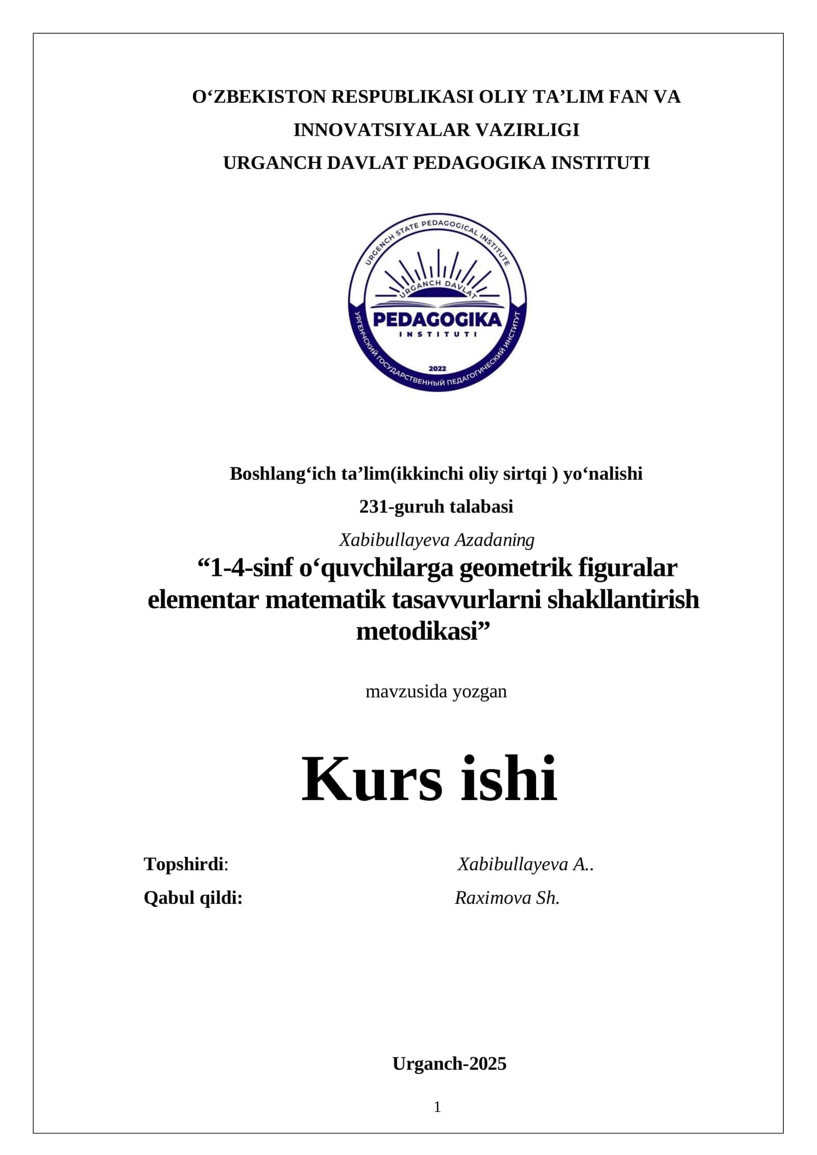 1-4-sinf o‘quvchilarga geometrik figuralar elementar matematik tasavvurlarni shakllantirish metodikasi
