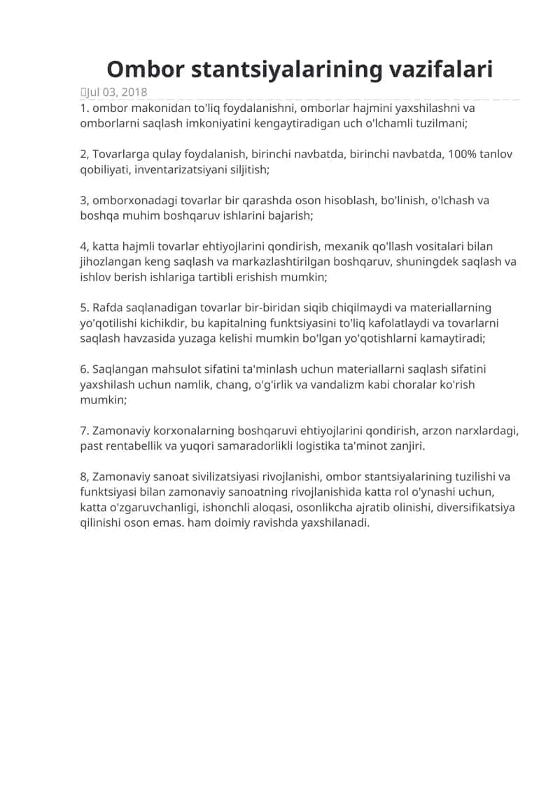 Ombor stantsiyalarining vazifalari