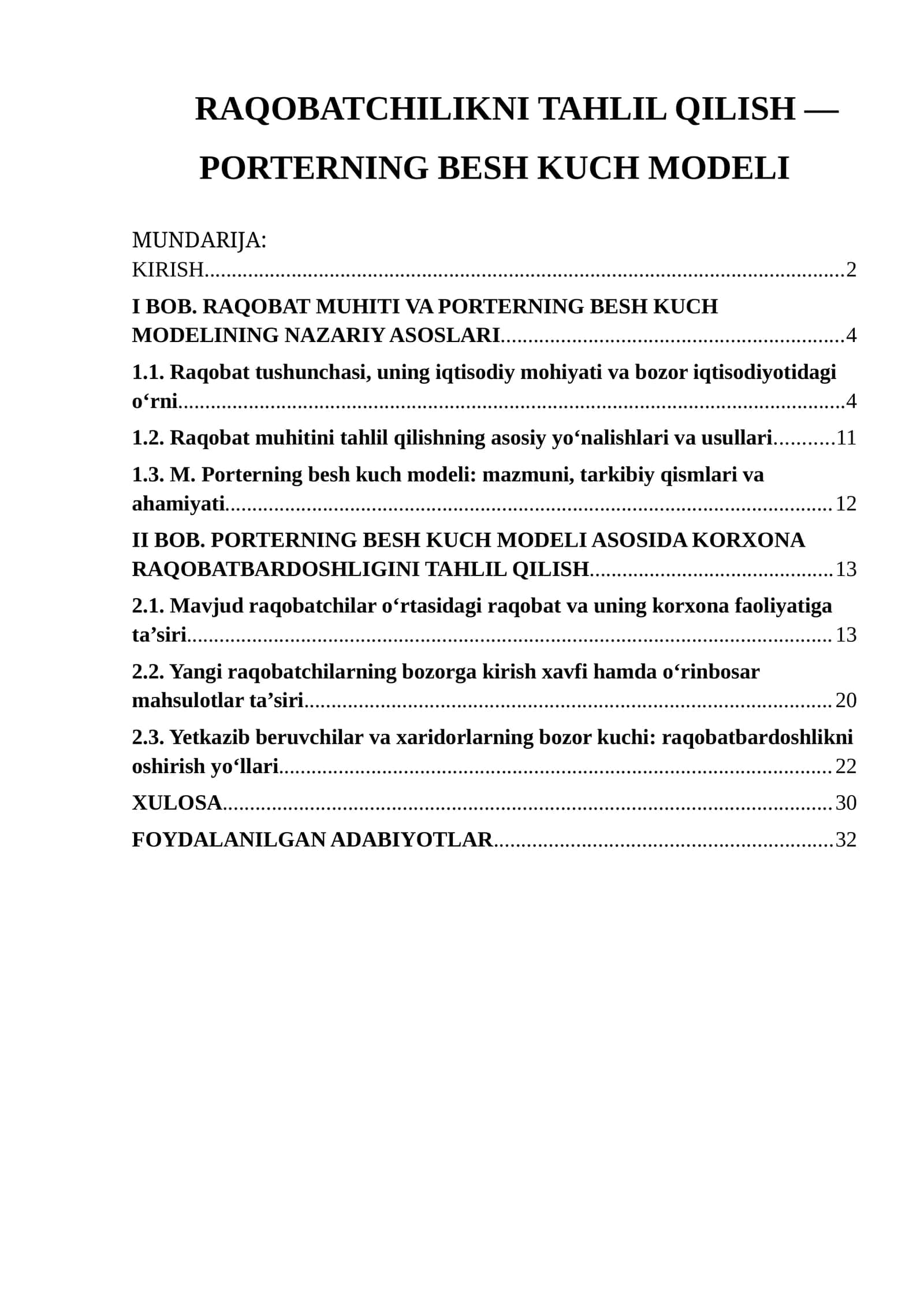 RAQOBATCHILIKNI TAHLIL QILISH — PORTERNING BESH KUCH MODELI