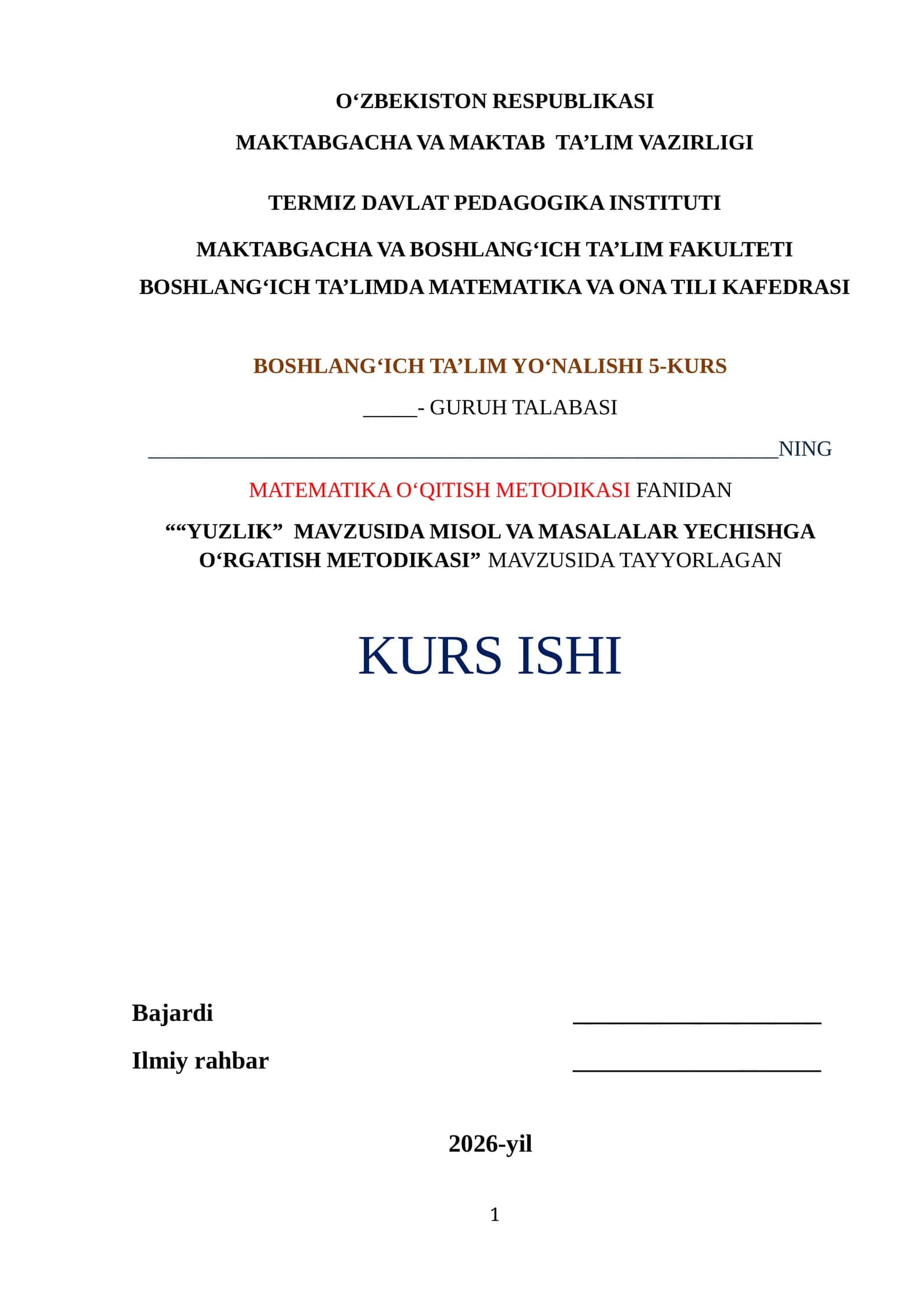 YUZLIK Mavzusida Misol va Masalalar Yechishga O‘rgatish Metodikasi