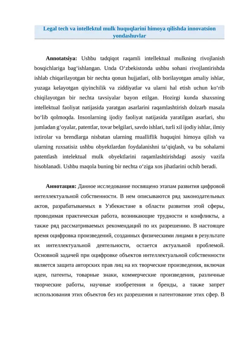 Legal tech va intellektul mulk huquqlarini himoya qilishda innovatsion yondashuvlar