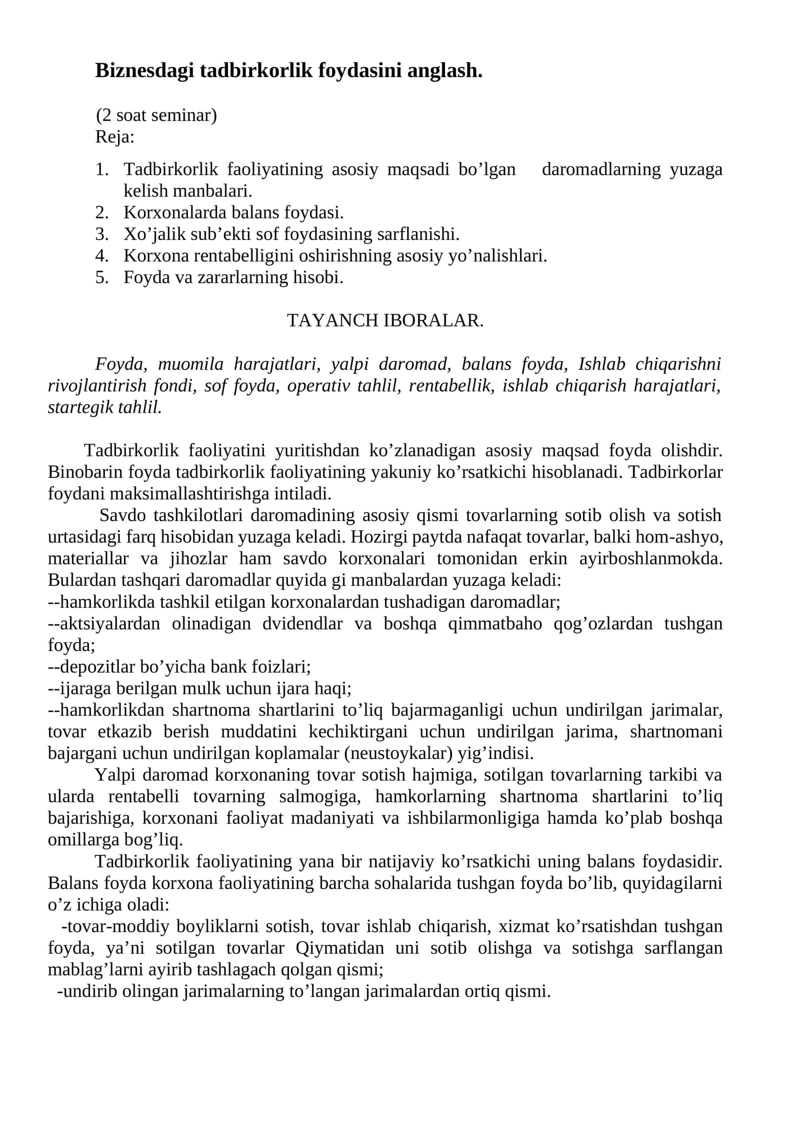 Biznesdagi tadbirkоrlik fоydasini anglash