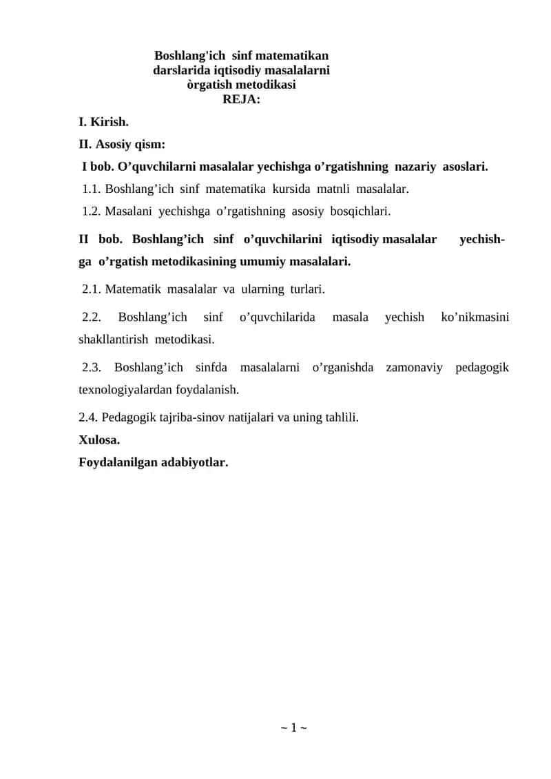 Boshlang'ich sinf matematikan darslarida iqtisodiy masalalarni òrgatish metodikasi