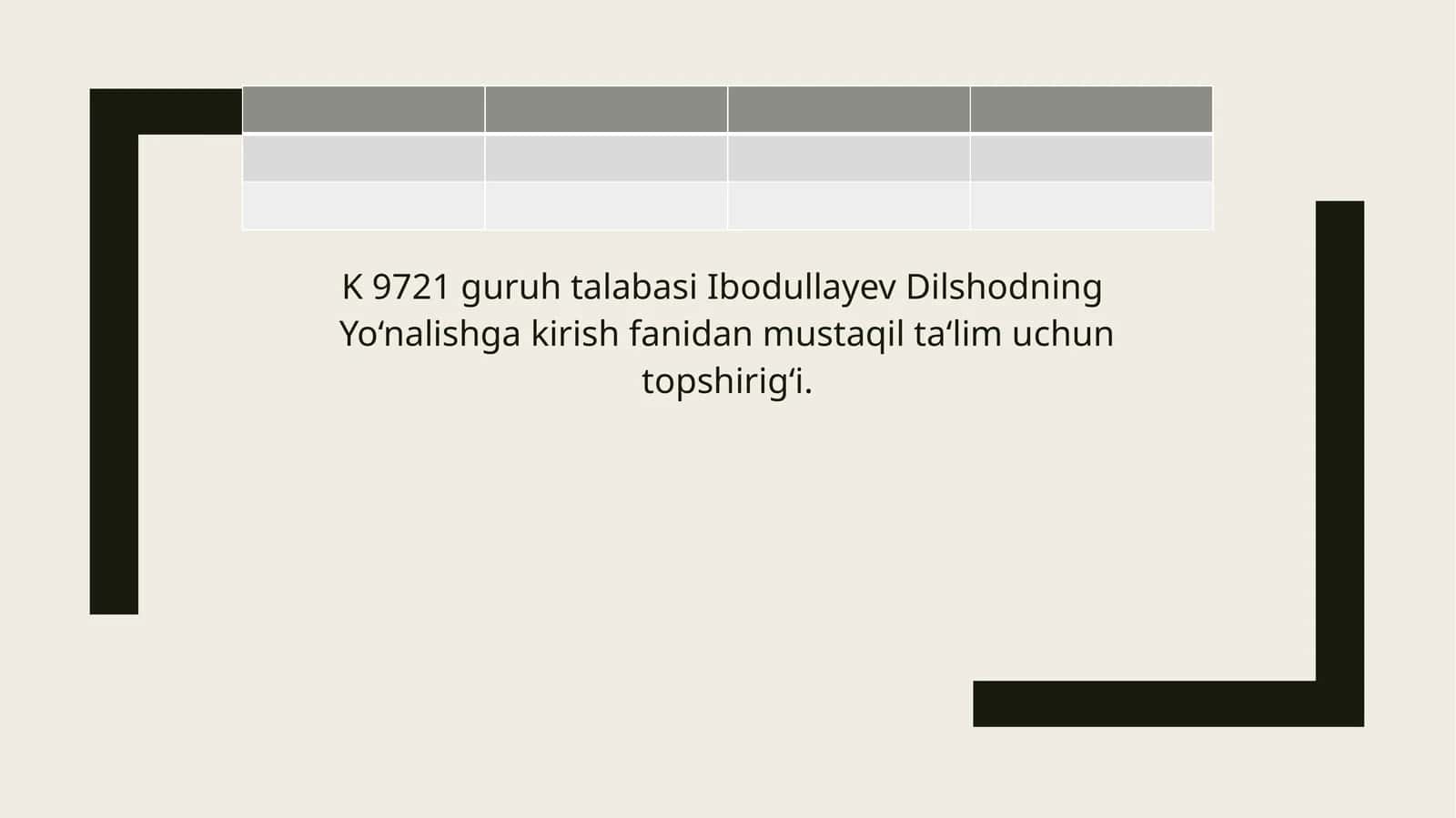 Yo‘nalishga kirish fanidan mustaqil ta‘lim uchun topshirig‘i