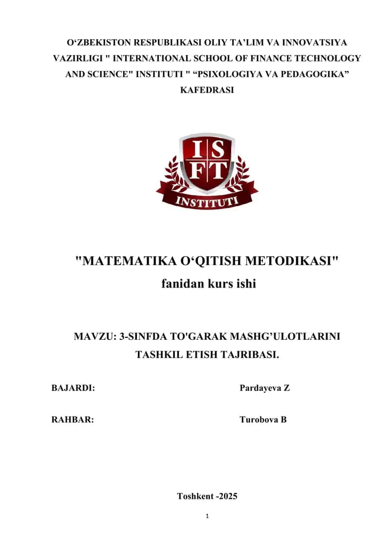 3-SINFDA TO'GARAK MASHG’ULOTLARINI TASHKIL ETISH TAJRIBASI