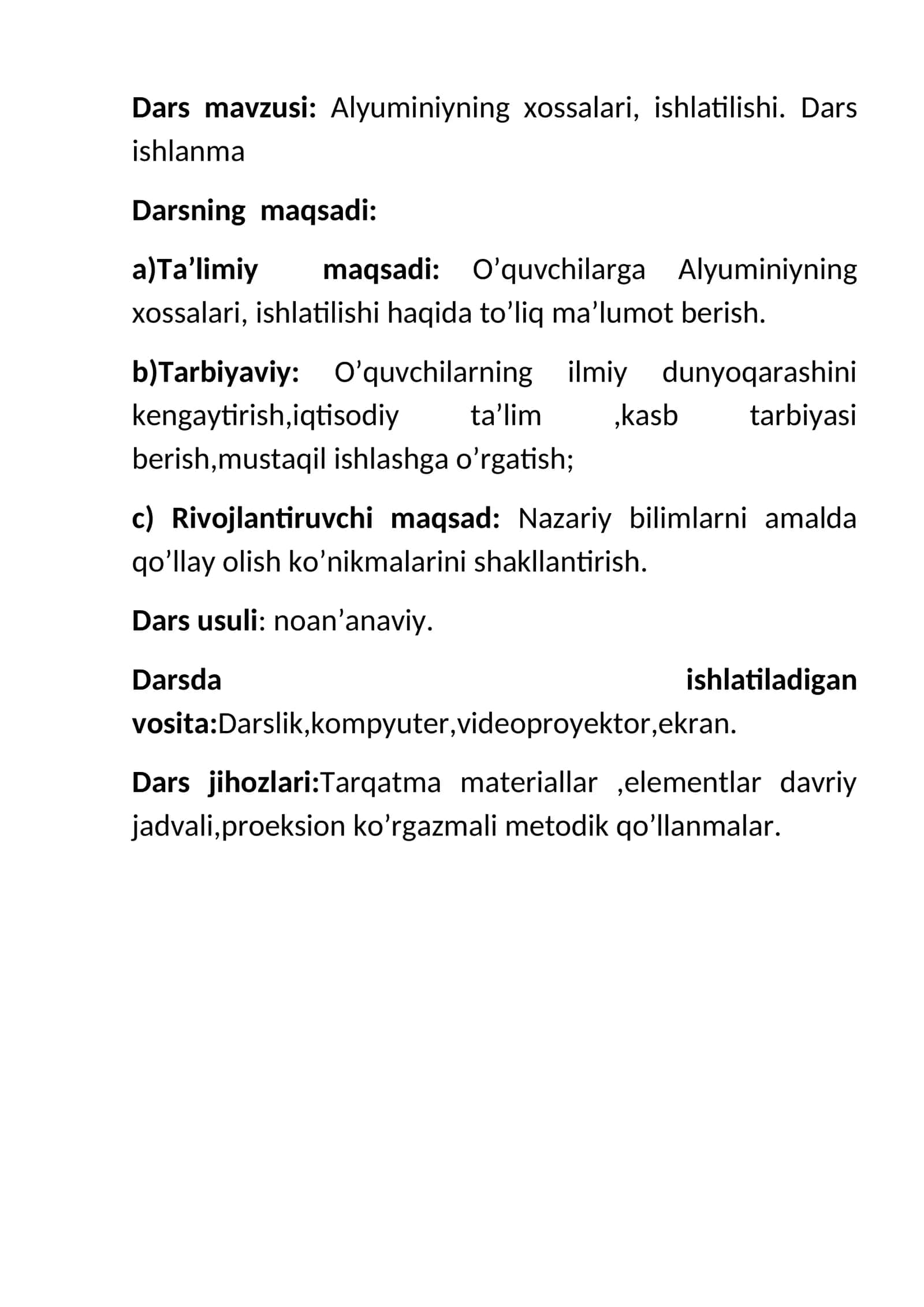 Alyuminiyning xossalari, ishlatilishi