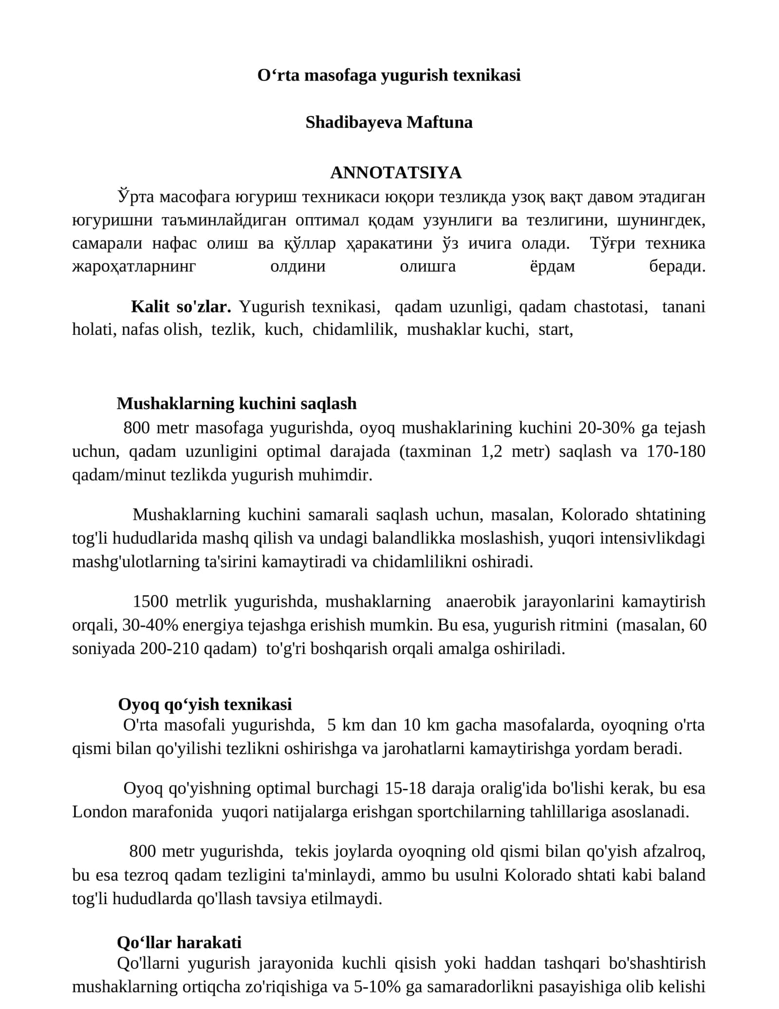 Oʻrta masofaga yugurish texnikasi
