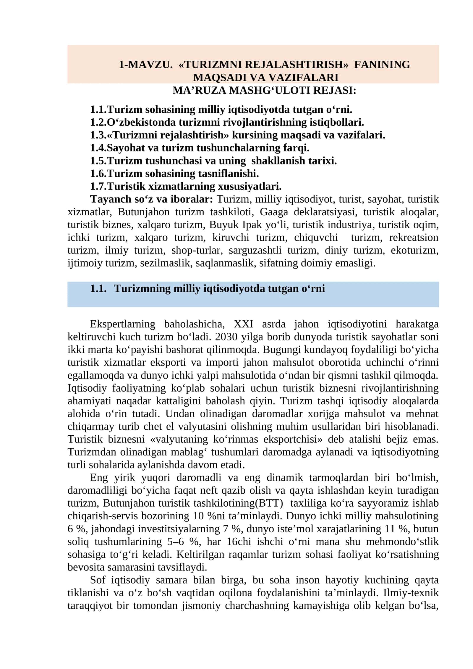 "TURIZMNI REJALASHTIRISH"