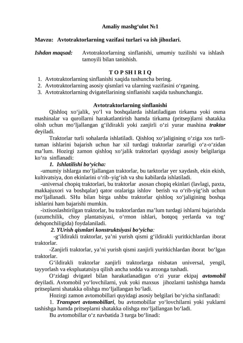Avtotraktorlarning vazifasi turlari va ish jihozlari
