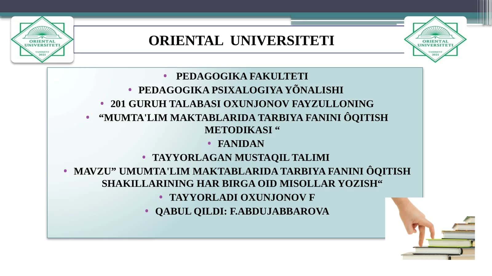 UMUMTA'LIM MAKTABLARIDA TARBIYA FANINI ÔQITISH SHAKILLARINING HAR BIRGA OID MISOLLAR YOZISH