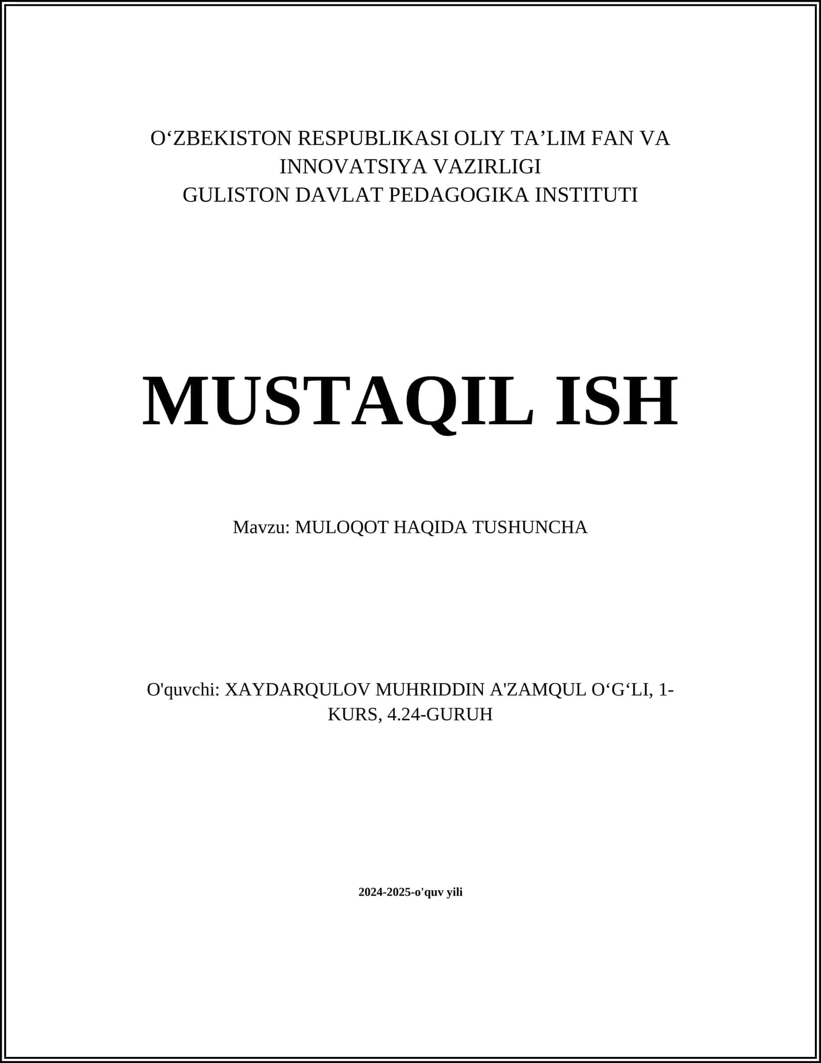 MULOQOT HAQIDA TUSHUNCHA
