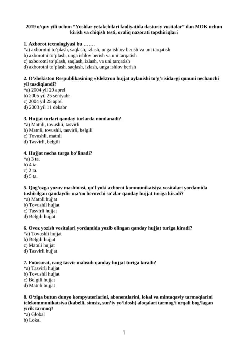 2019 o‘quv yili uchun “Yoshlar yetakchilari faoliyatida dasturiy vositalar” dan MOK uchun kirish va chiqish testi, oraliq nazorati topshiriqlari