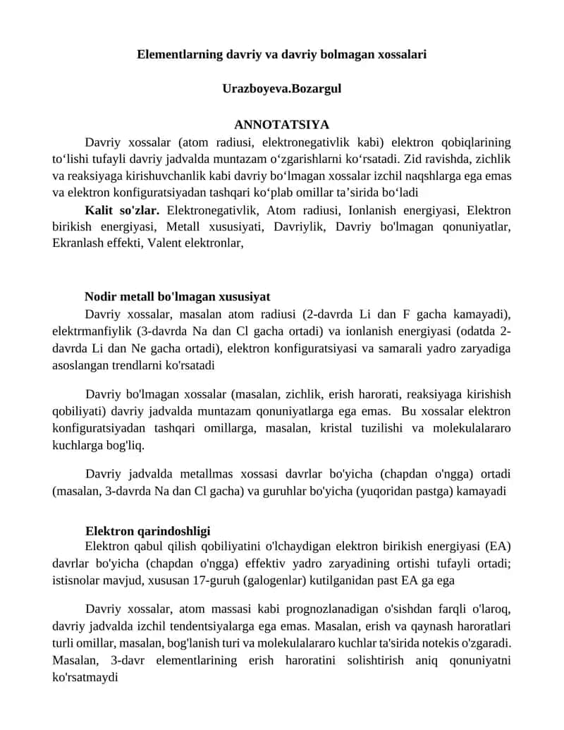 Elementlarning davriy va davriy bolmagan xossalari