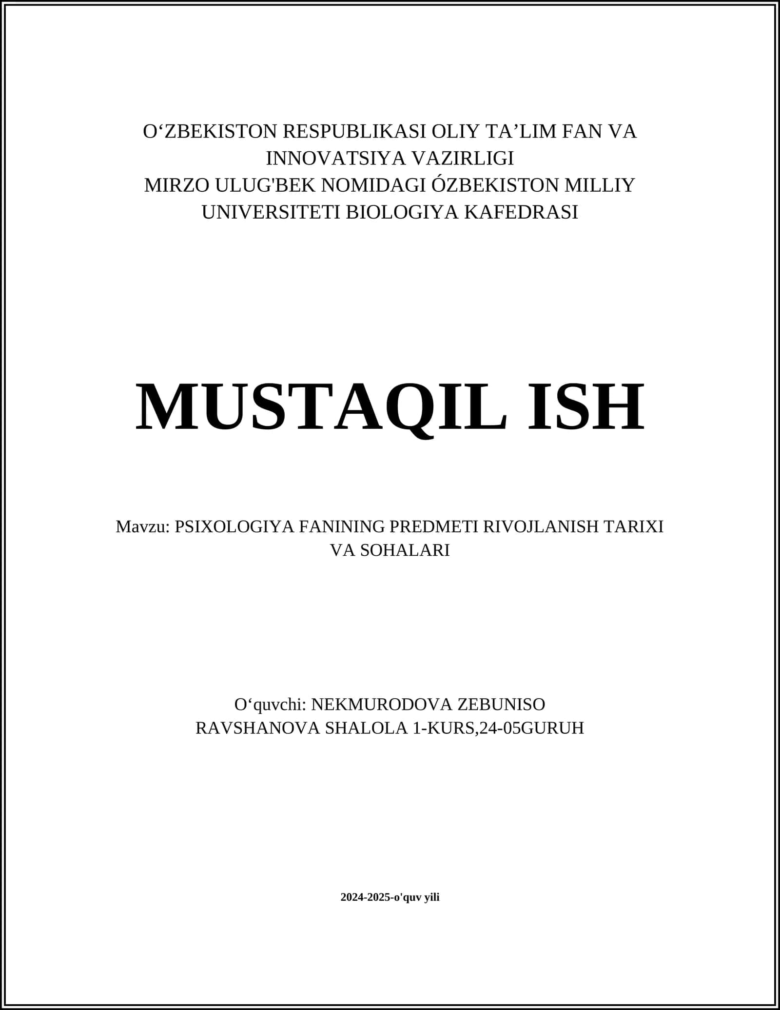 PSIXOLOGIYA FANINING PREDMETI RIVOJLANISH TARIXI VA SOHALARI