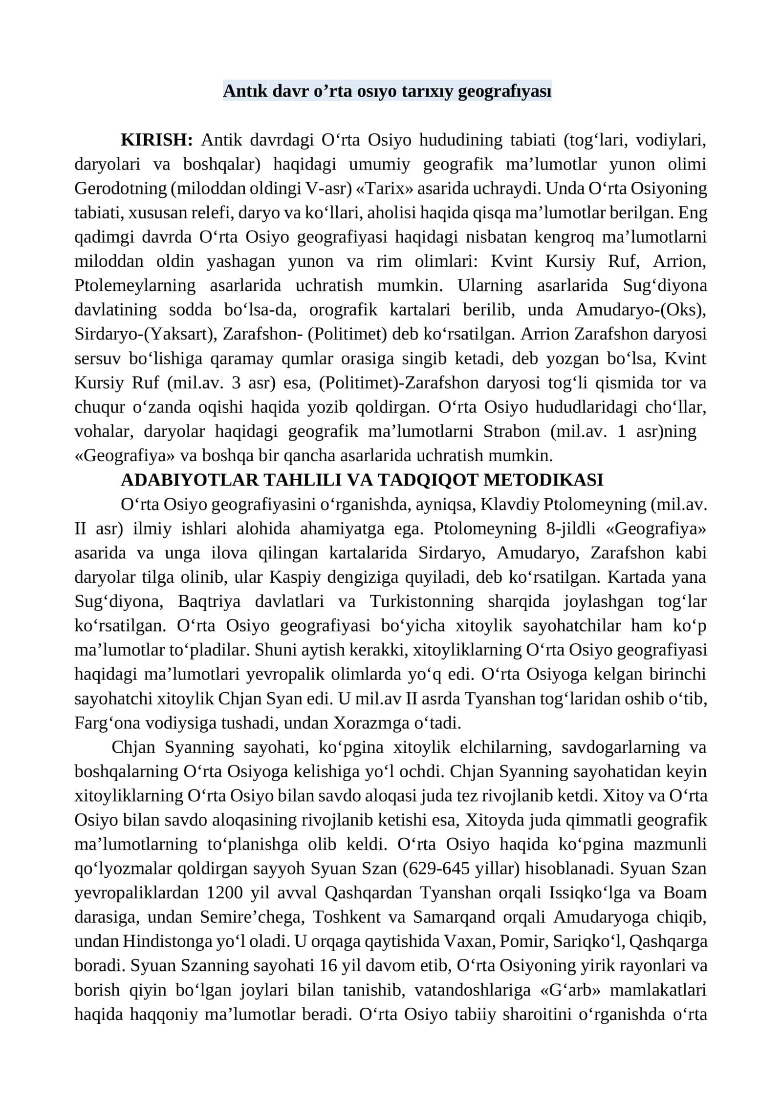 Antık davr o’rta osıyo tarıxıy geografıyası