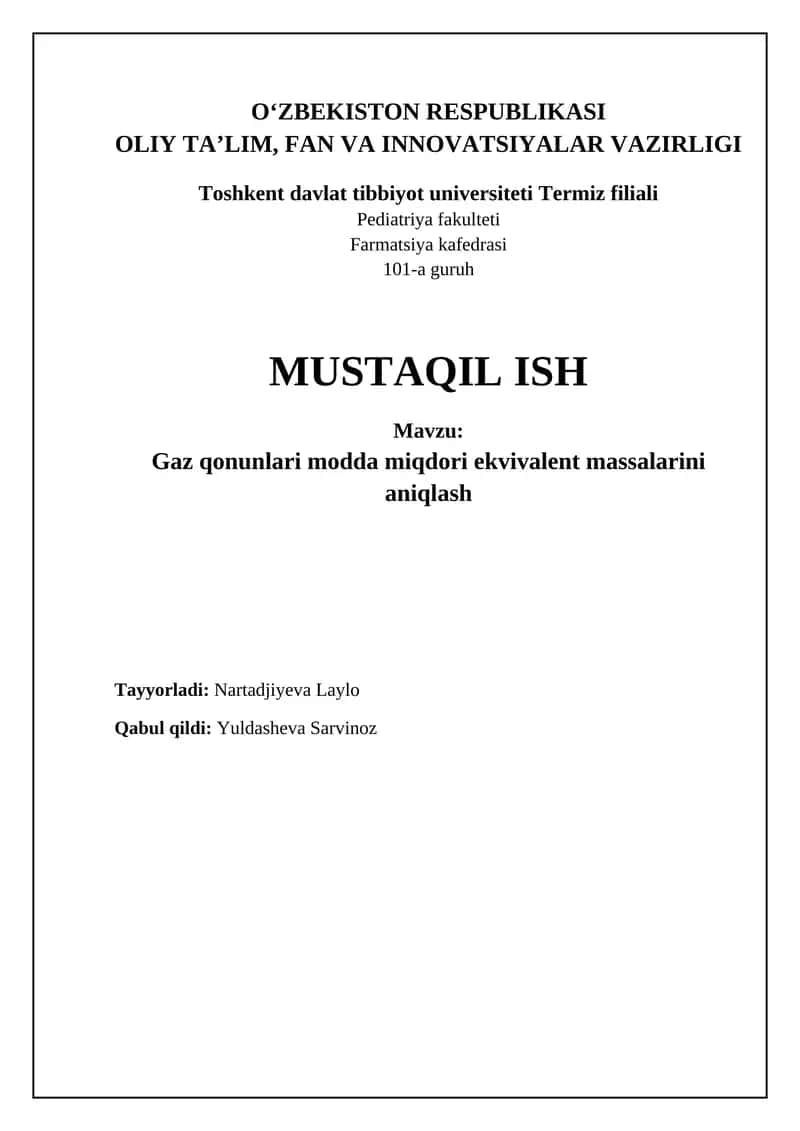 Gaz qonunlari va modda miqdori