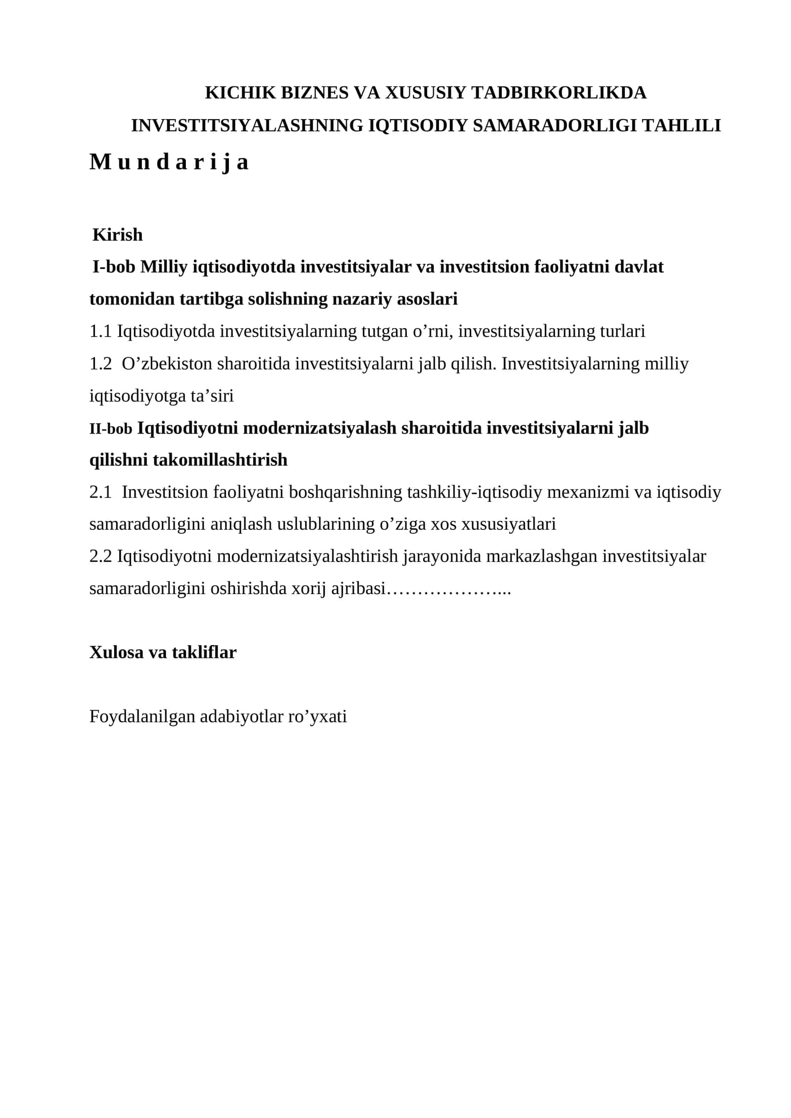Kichik biznes va xususiy tadbirkorlikda investitsiyalashning iqtisodiy samaradorligi tahlili