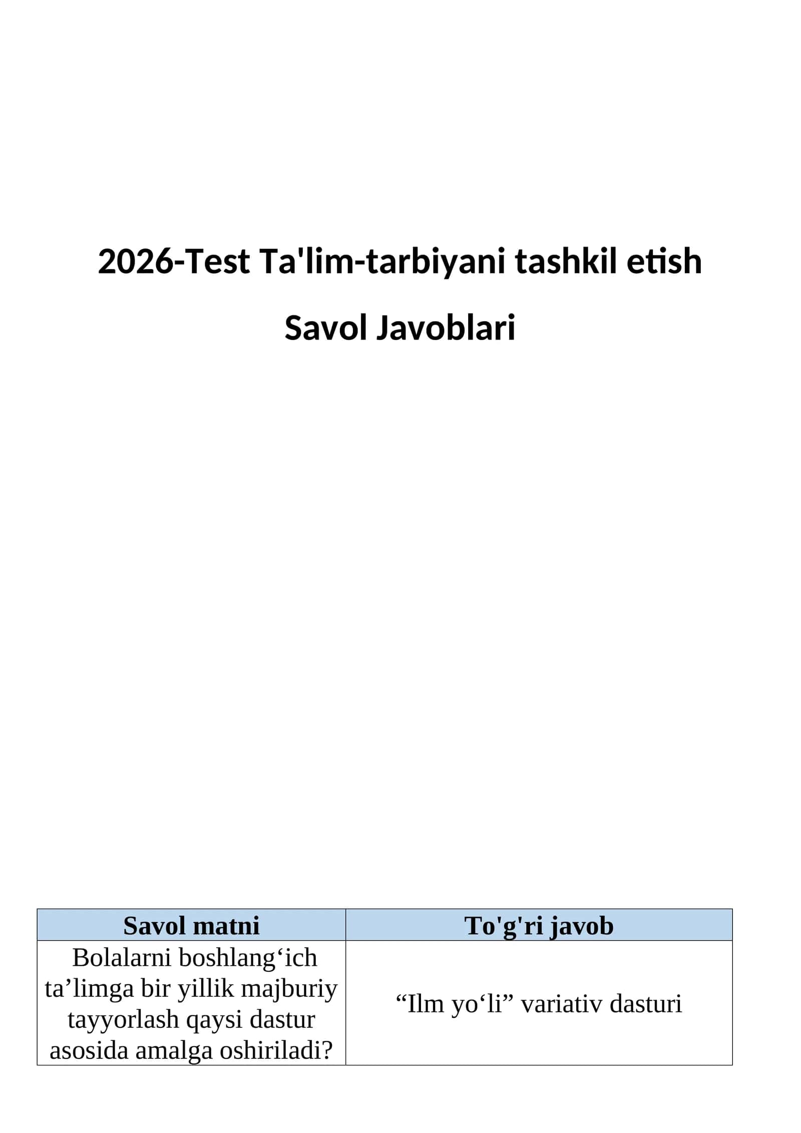 Talim-tarbiyani tashkil etish test 200ta savol Javoblari