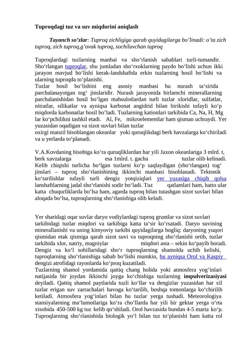Tuproqdagi tuz va suv miqdorini aniqlash