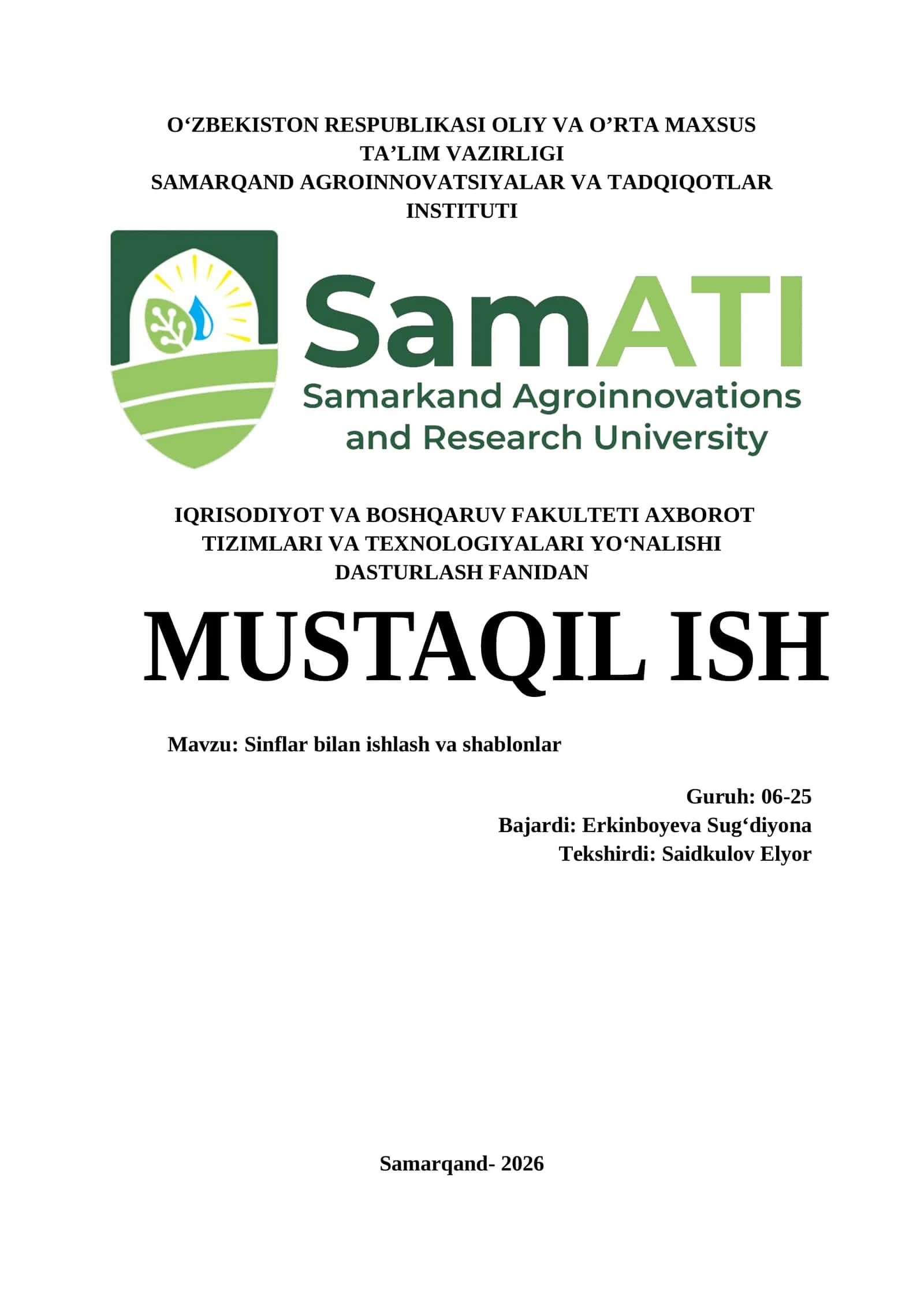 Sinflar bilan ishlash va shablonlar