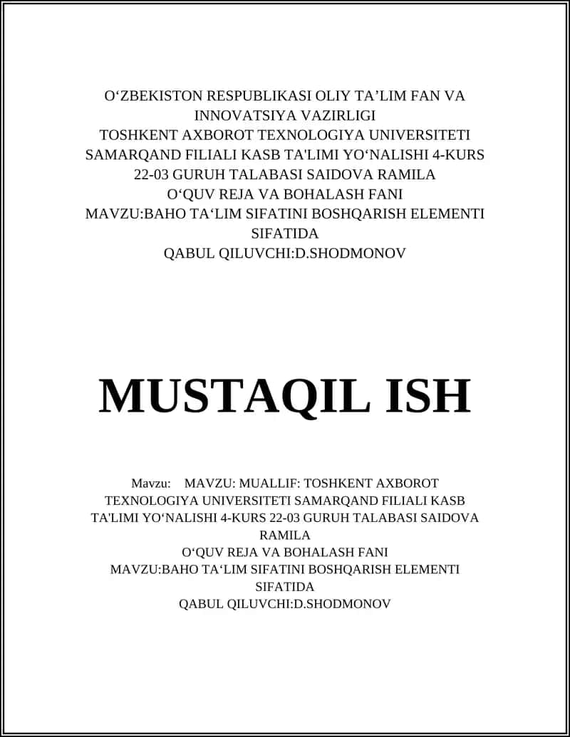 Baholashning ta'lim sifatini boshqarish elementi sifatida