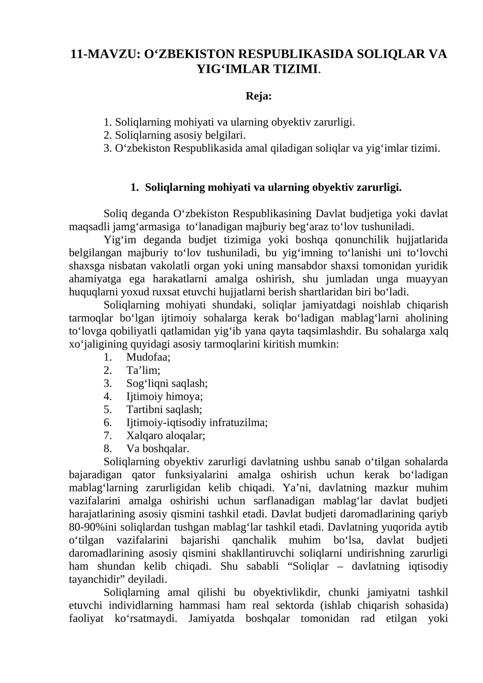 O‘ZBEKISTON RESPUBLIKASIDA SOLIQLAR VA YIG‘IMLAR TIZIMI