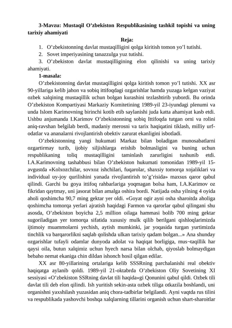 O’zbekiston Respublikasining tashkil topishi va uning tarixiy ahamiyati