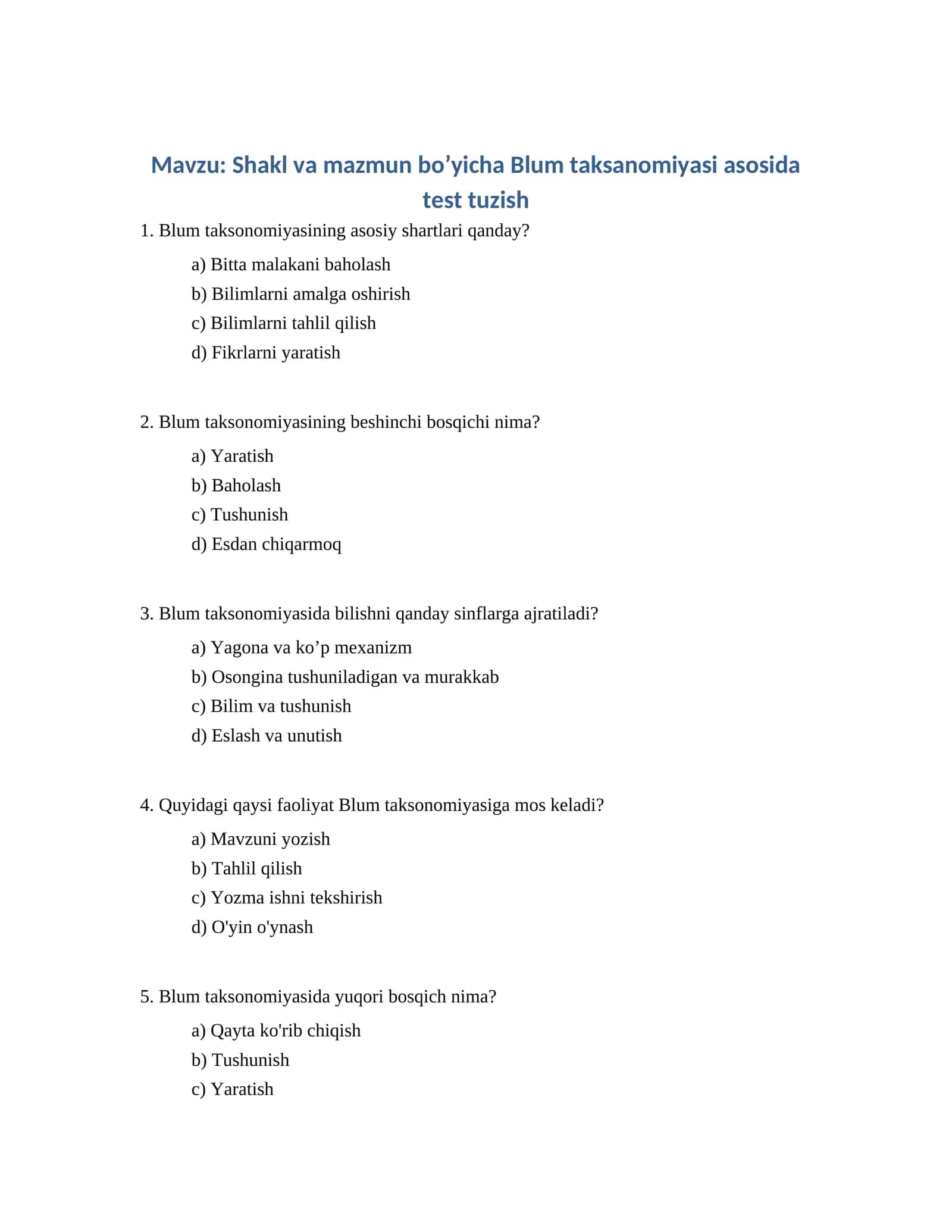Blum taksanomiyasi asosida test tuzish