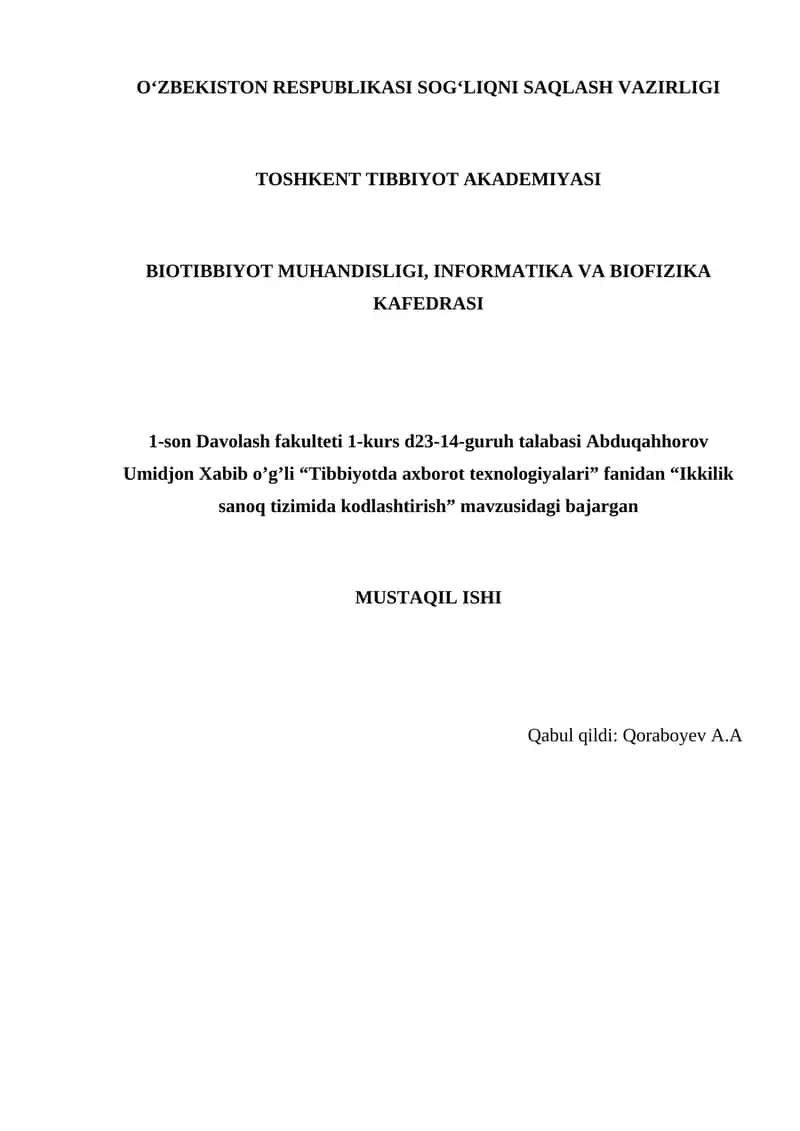 Ikkilik sanoq tizimida kodlashtirish